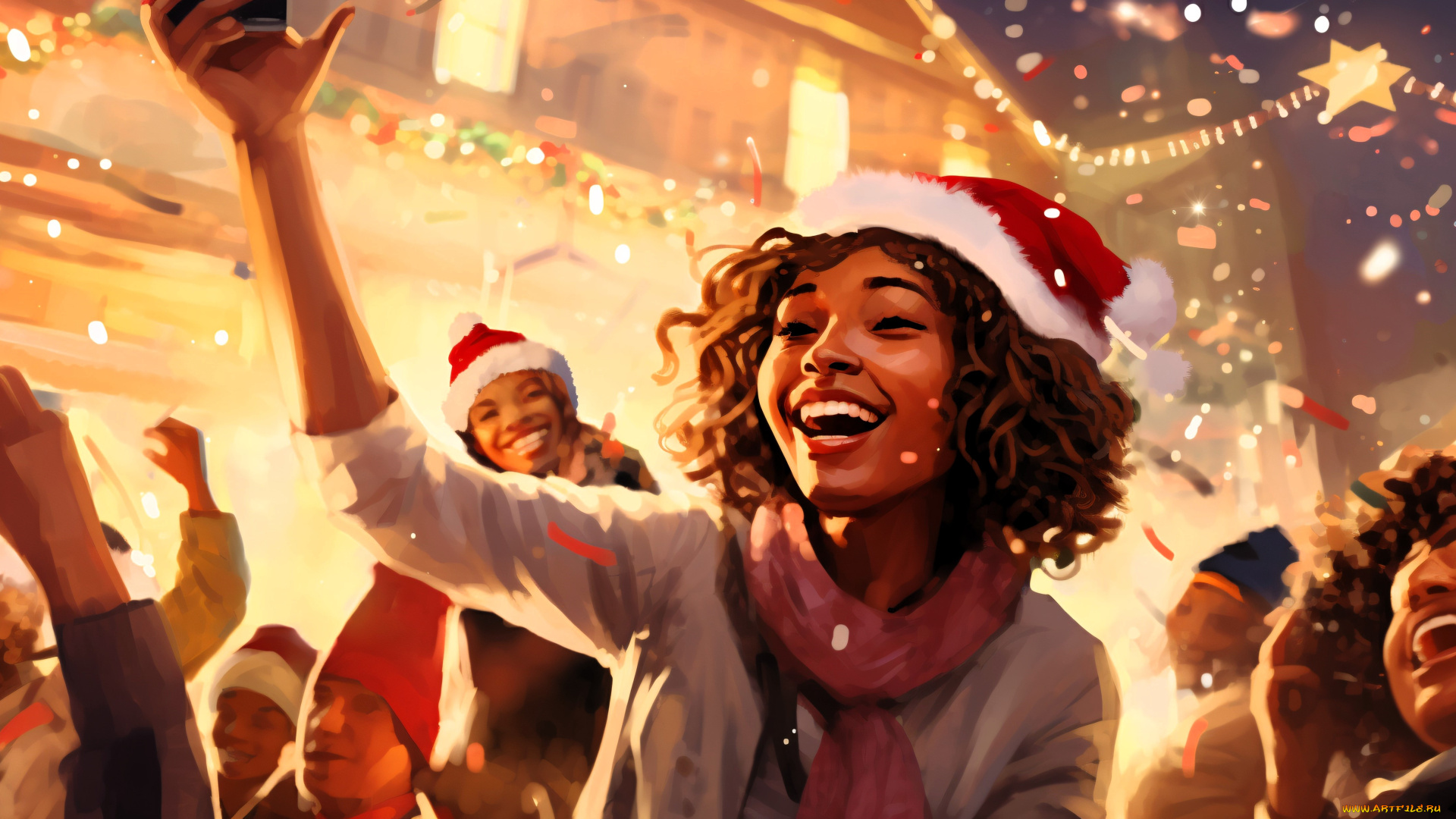 рисованное, праздники, праздник, люди, новый, год, гирлянды