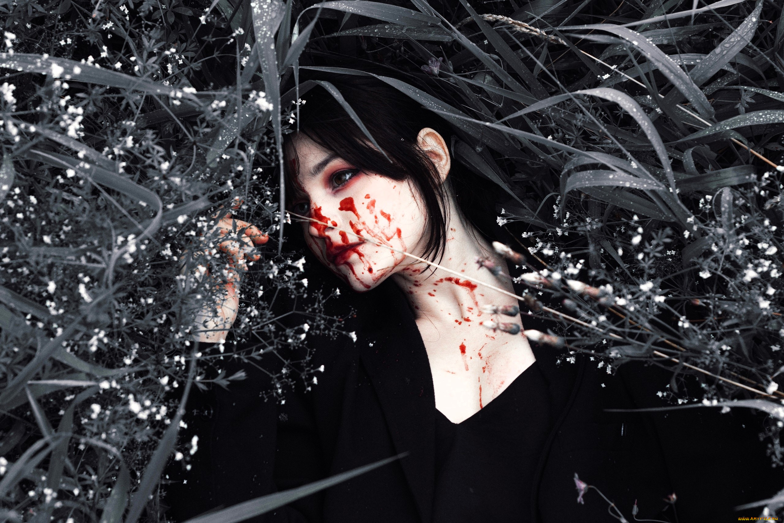 девушки, tenletters, брюнетка, кровь, трава