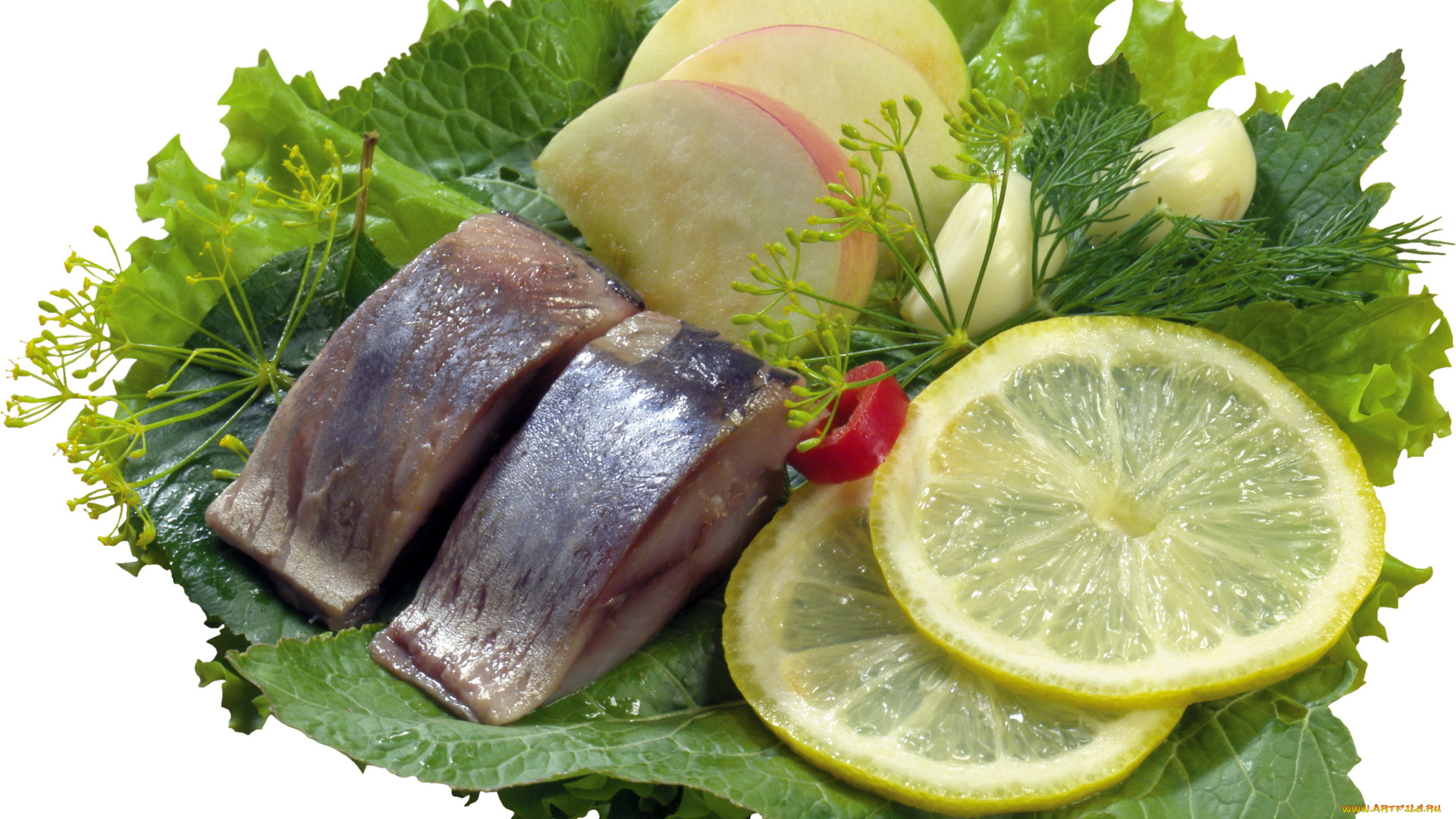 еда, рыбные, блюда, морепродуктами, селедка, чеснок, лимон, яблоко, зелень