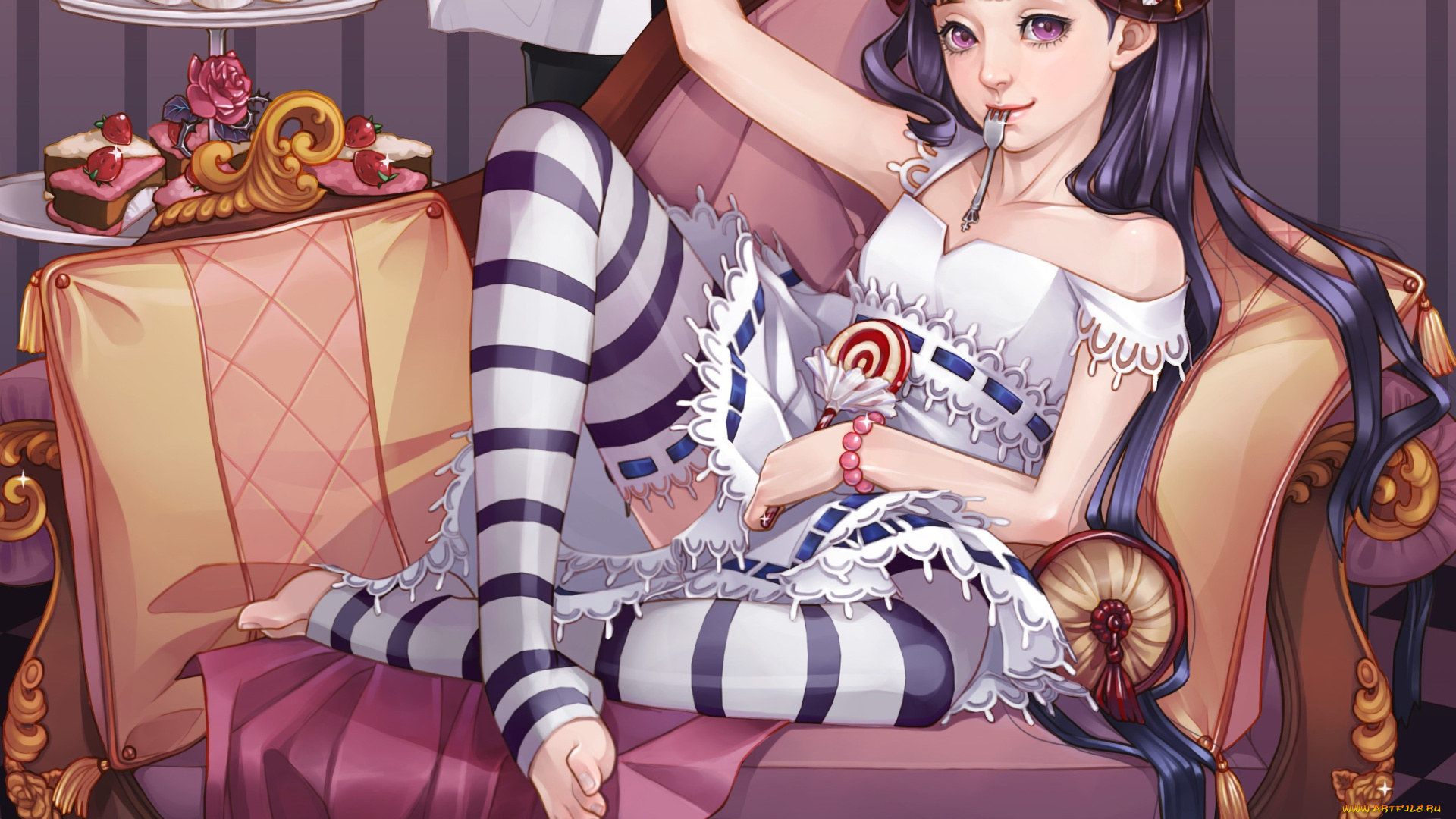аниме, angels, demons, девочка, подушка, пирожные, кресло, рога, демон, сладости