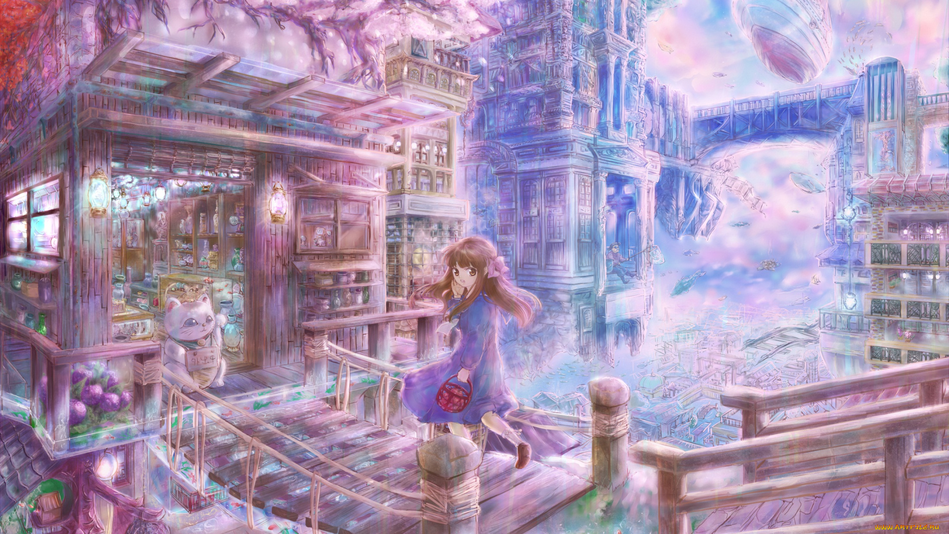 аниме, *unknown, другое, девочка, мостик, кот, город