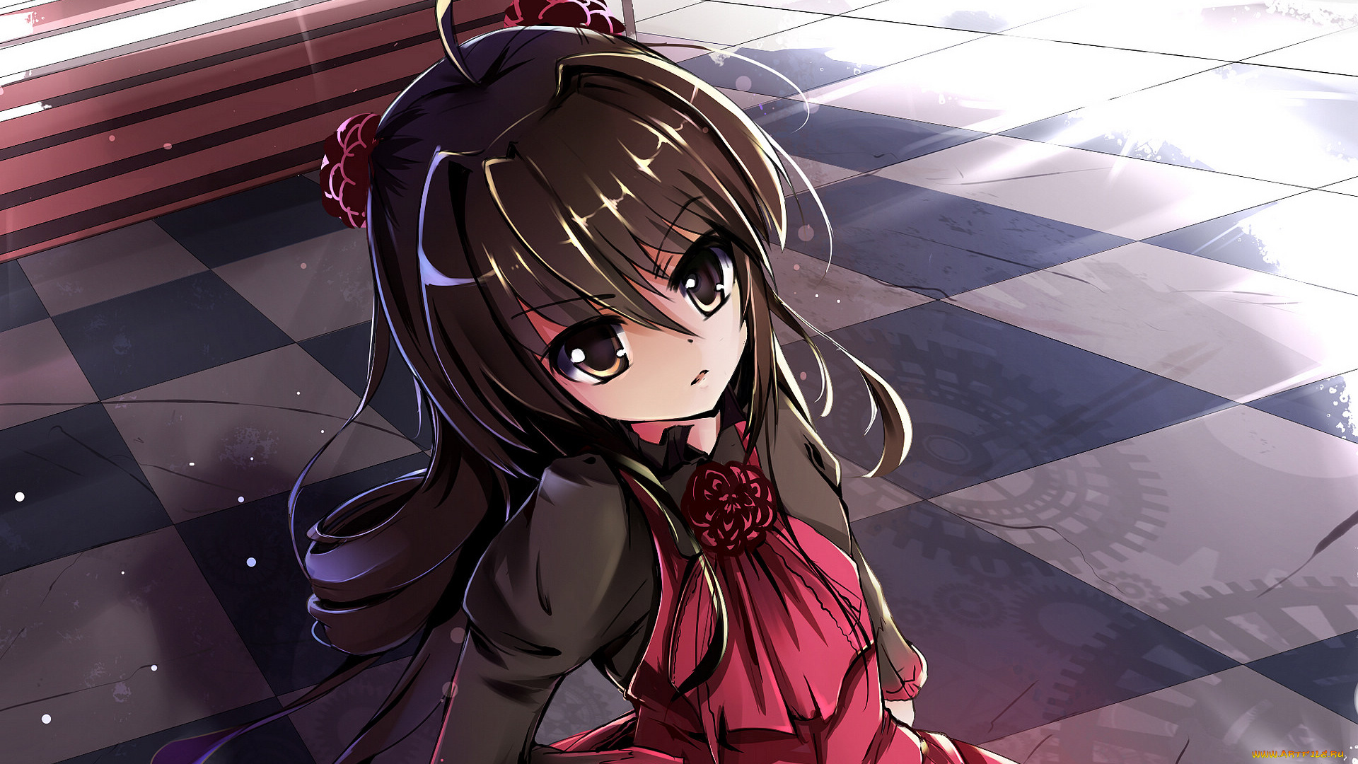 аниме, *unknown, другое, взгляд, девушка, клетчатый, пол, платье, цветы, роза
