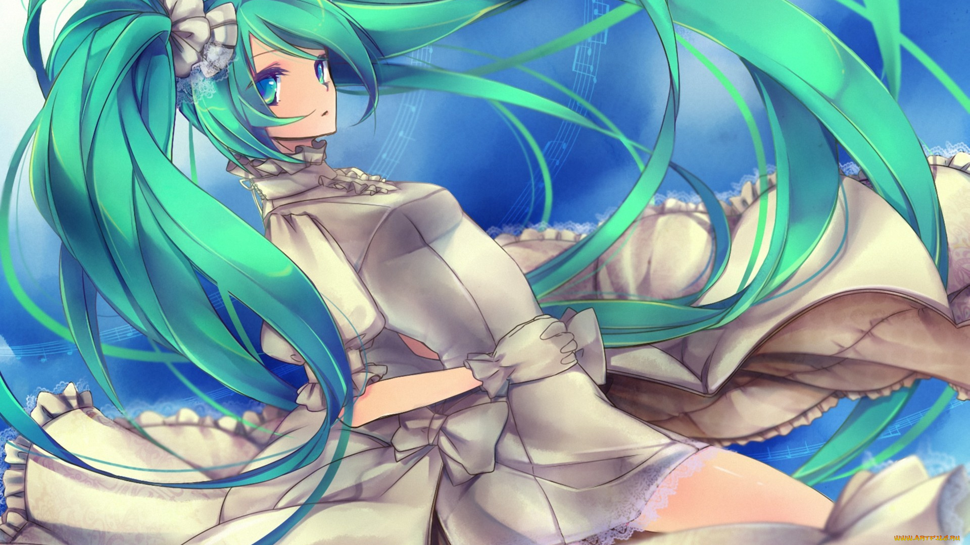 аниме, vocaloid, hatsune, miku, galaxy07, neck, хвостики, сидя, волосы, девушка