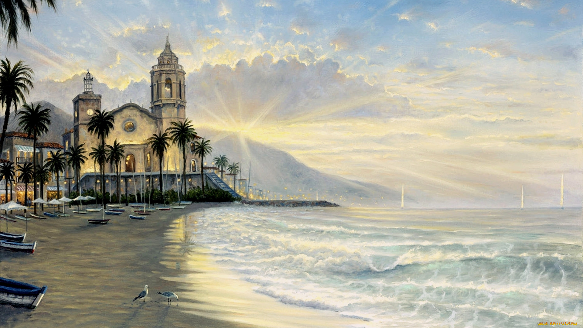 costa, azul, рисованные, robert, finale, морской, пейзаж, испания, море, пальмы