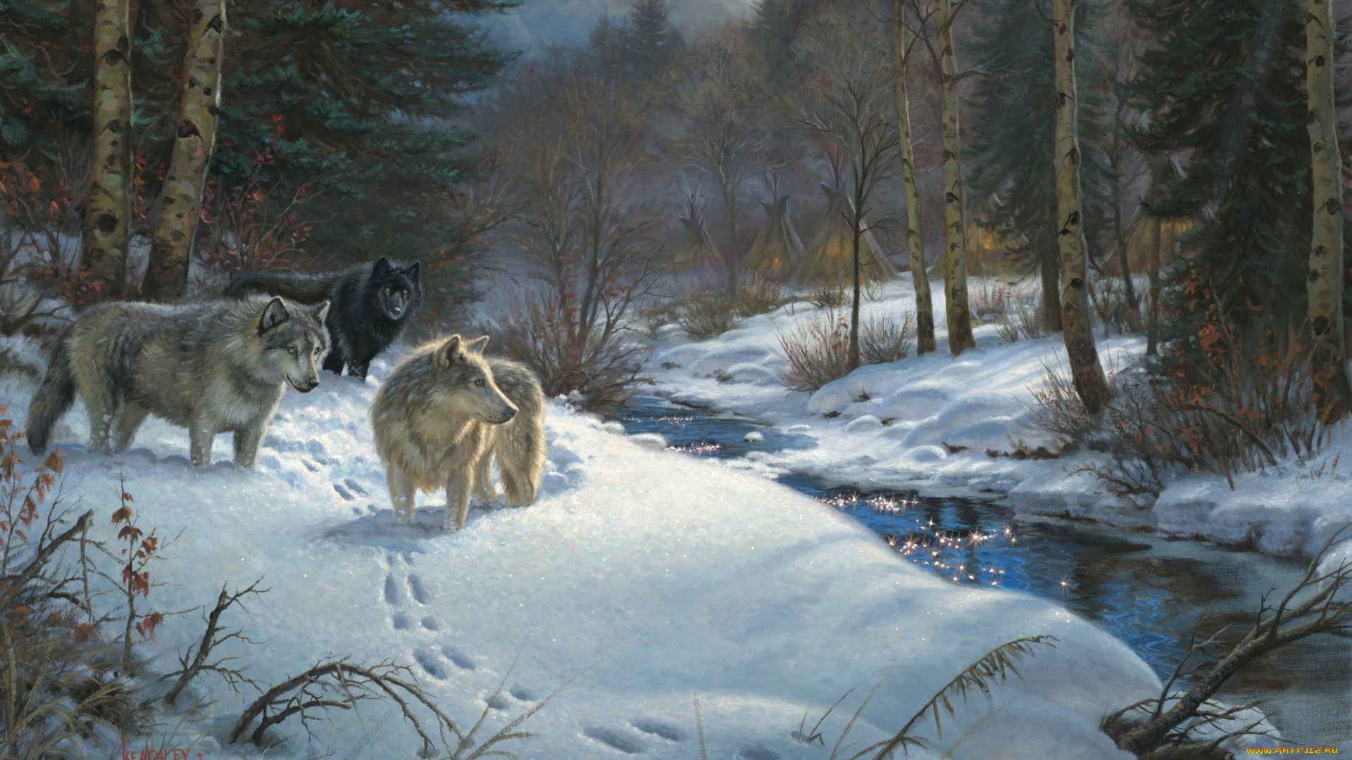 valley, of, shadows, рисованные, mark, keathley, зима, лес, ручей, волки, юрты