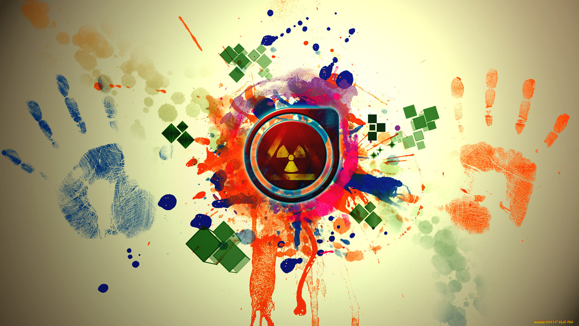 векторная, графика, потеки, брызги, пятна, кубики, ладони, радиация, значок, отпечатки