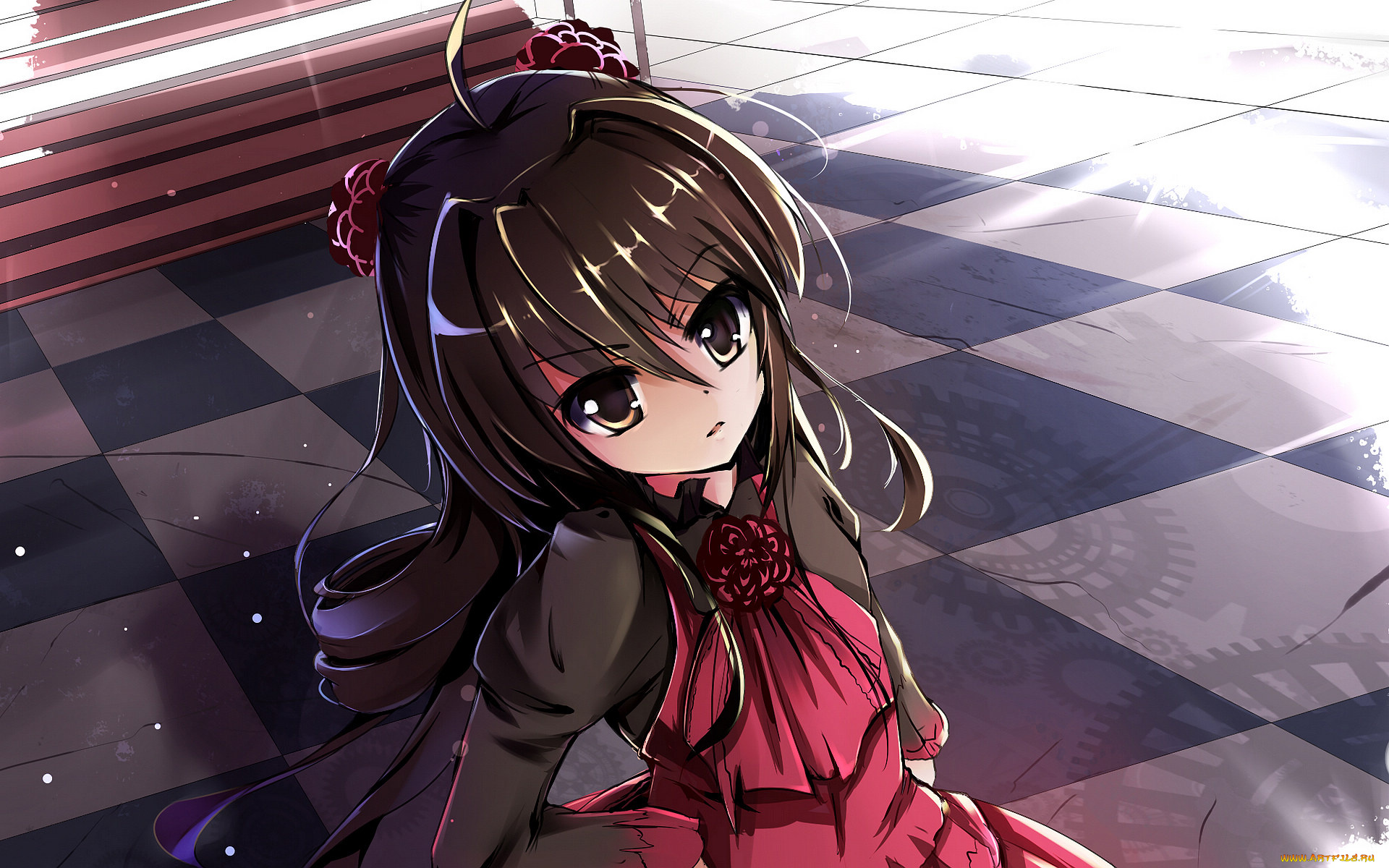 аниме, *unknown, другое, взгляд, девушка, клетчатый, пол, платье, цветы, роза