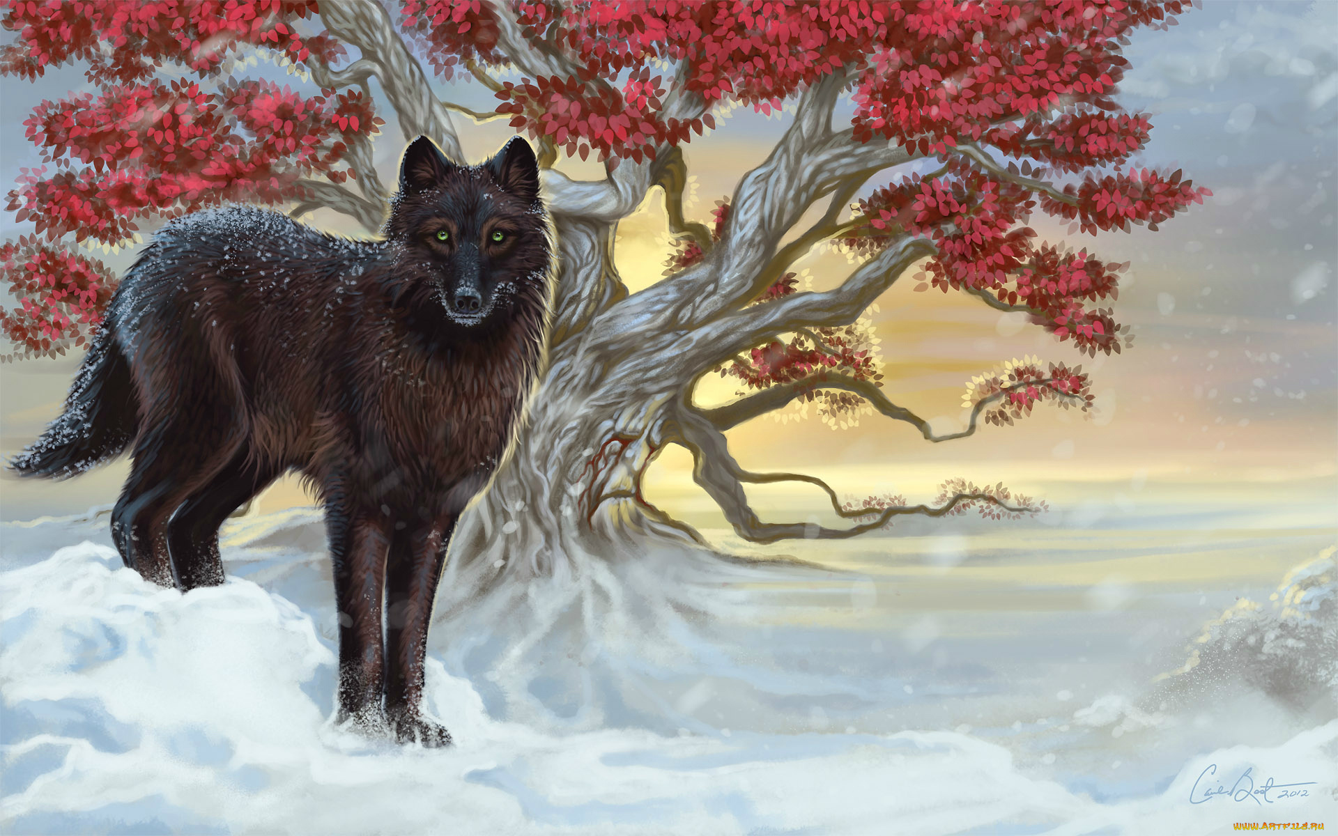 рисованные, животные, волки, ветки, холод, снег, дерево, зима, зеленые, глаза, листья, взгляд