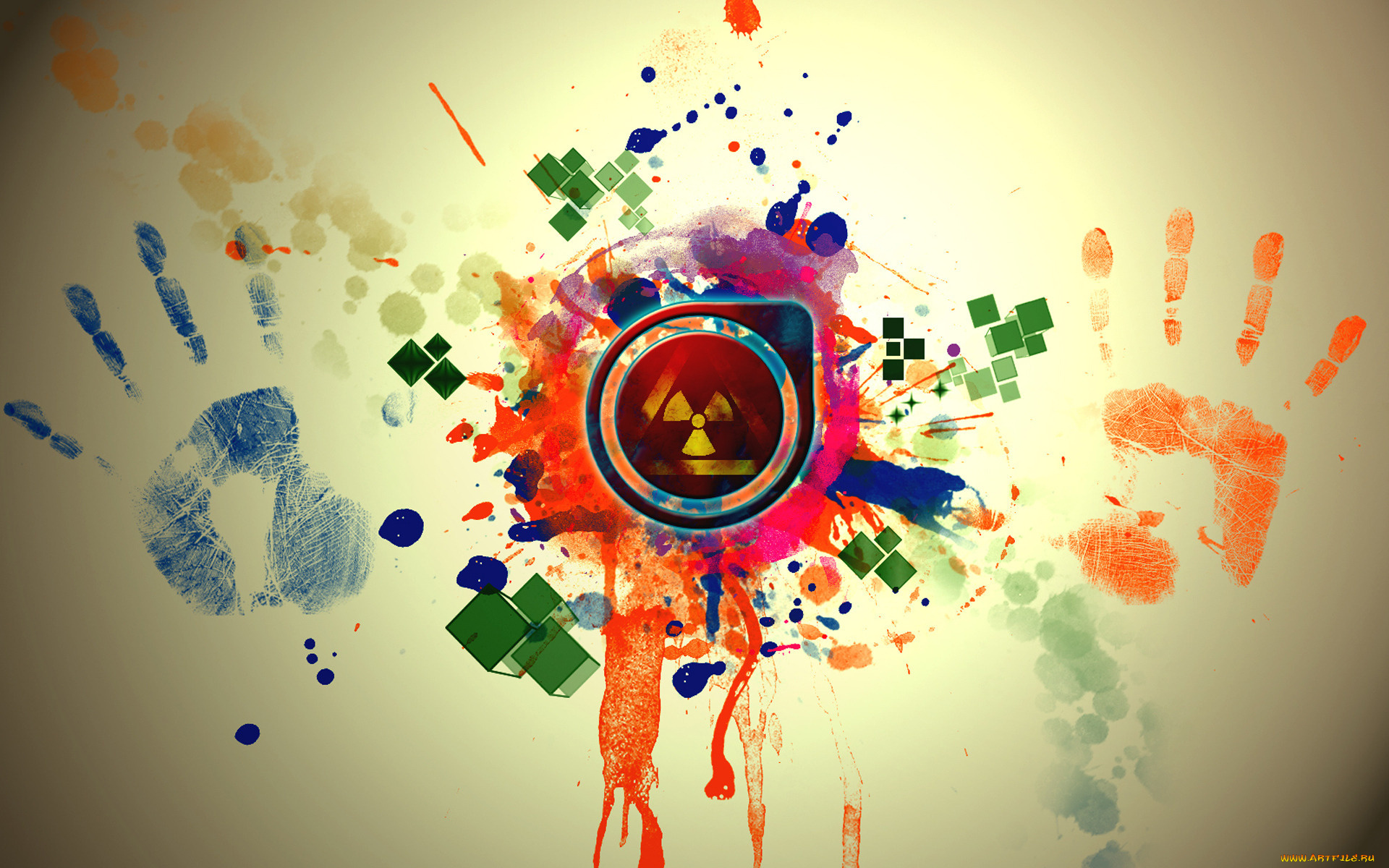 векторная, графика, потеки, брызги, пятна, кубики, ладони, радиация, значок, отпечатки