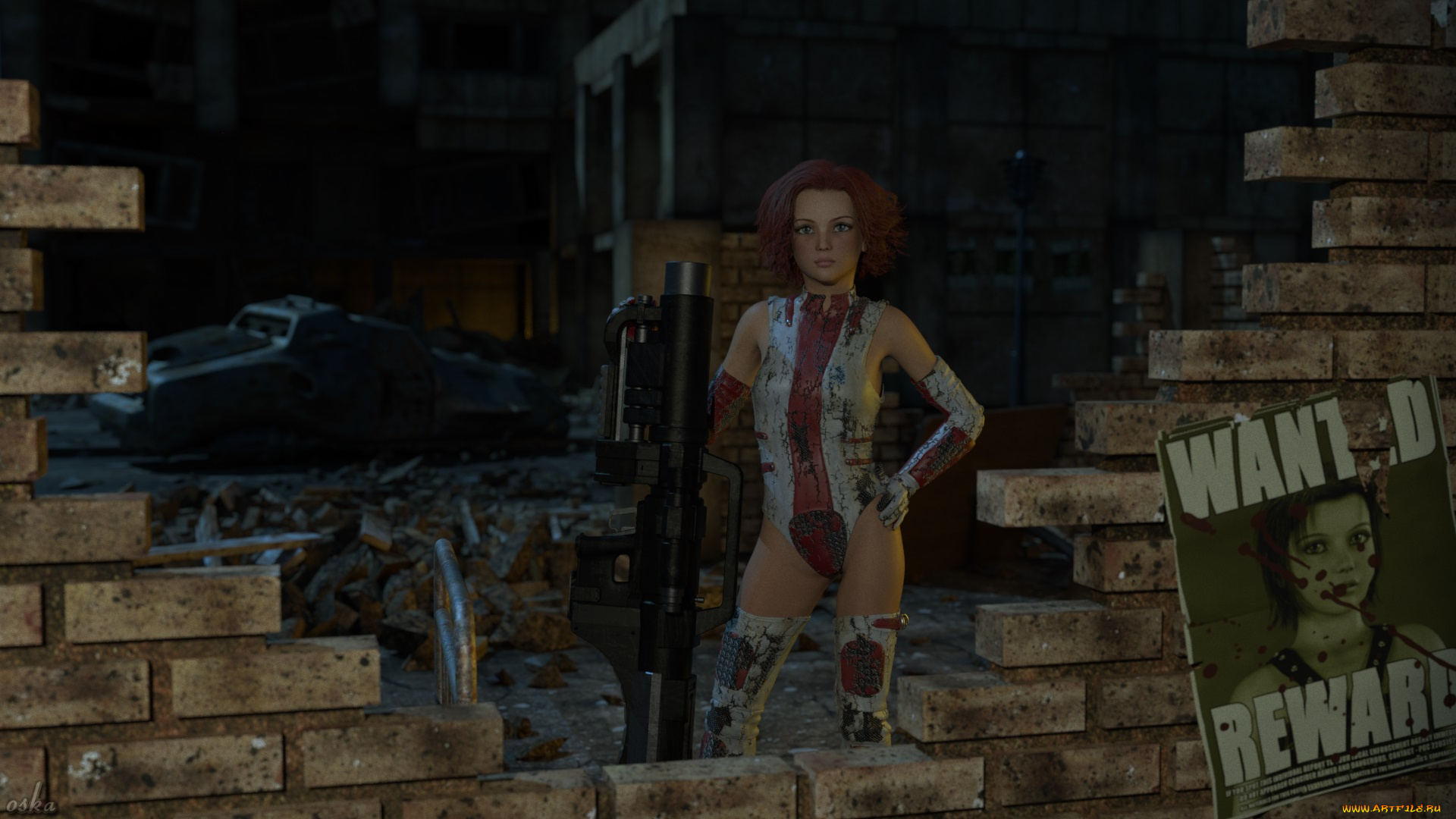 3д, графика, fantasy, , фантазия, девушка, стена, руины