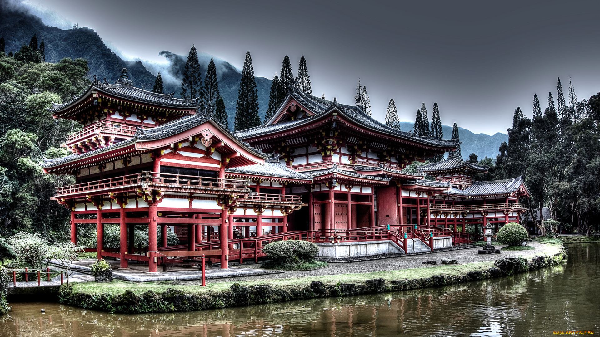byodo-in, buddhist, temple, , hawaii, города, -, буддийские, и, другие, храмы, горы, лес, дымка, река, храм
