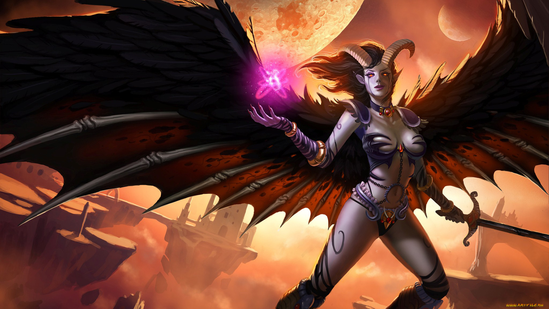 фэнтези, демоны, волшебство, меч, рога