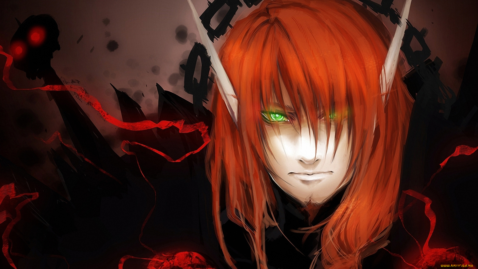 фэнтези, эльфы, эльф, парень, лицо, рыжие, волосы, цепь, всполохи, уши, зелёные, глаза, взгляд