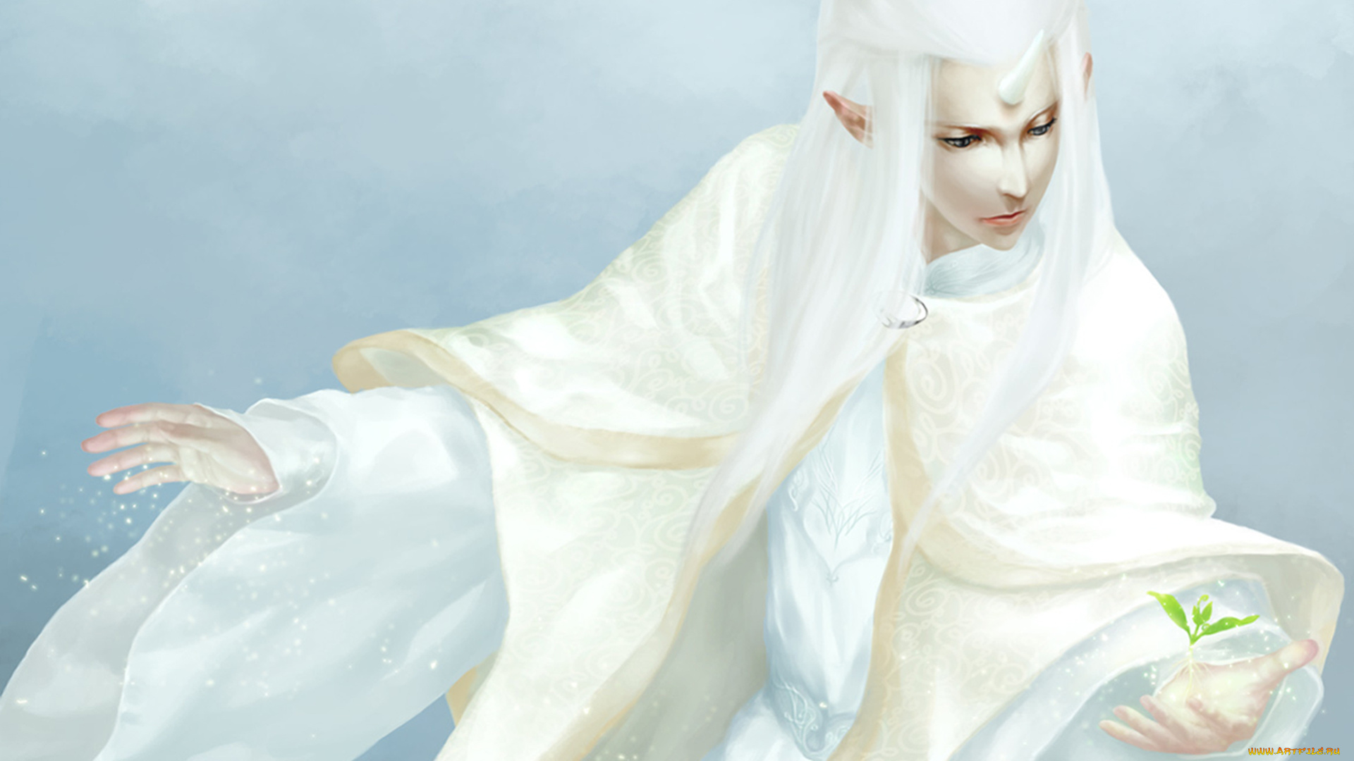 фэнтези, эльфы, эльф, рог, одежды, белый, парень, листик, искры, магия