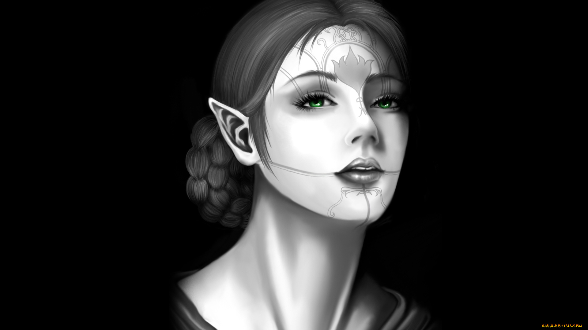 фэнтези, эльфы, эльфийка, коса, причёска, тату, лицо, чёрный, фон, зелёные, глаза, взгляд