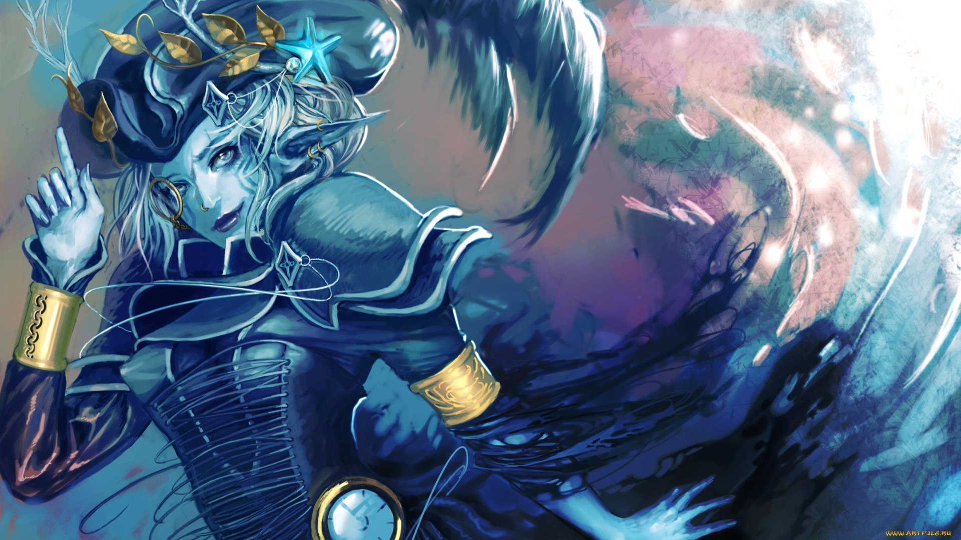 фэнтези, эльфы, эльфийка, синяя, шляпа, часы, перо, украшения