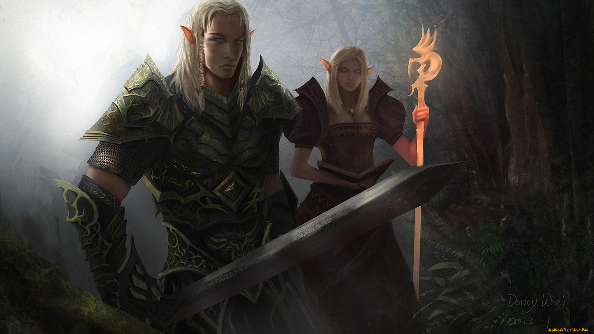 фэнтези, эльфы, книга, посох, девушка, эльфийка, эльф, лес, меч