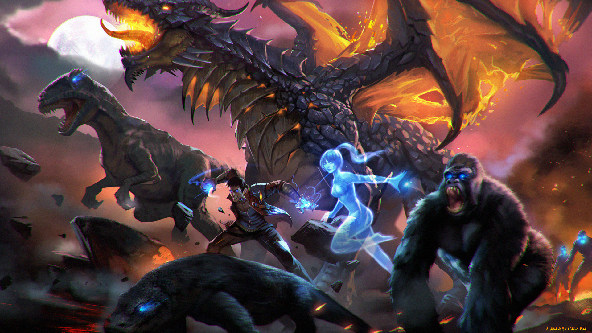 фэнтези, существа, дракон, динозавр, парень, девушка, ящер, дух, молнии