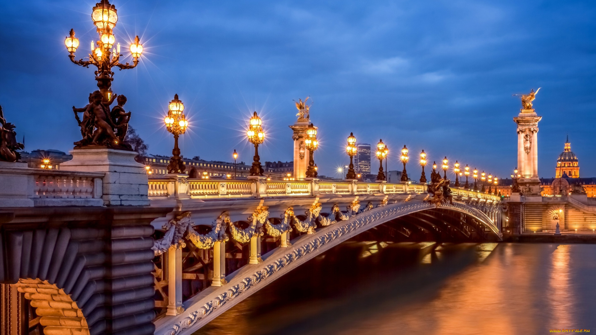 города, париж, , франция, paris, париж, france, город, вечер, pont, alexandre, iii, мост, александра, фонари, свет, освещение, река, сена