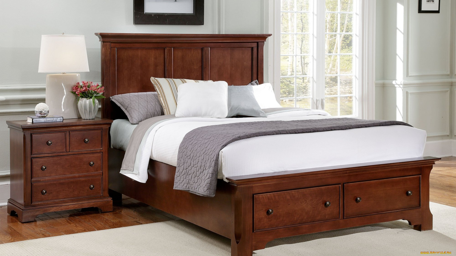 интерьер, спальня, кровать, подушки, тумбочка, картина