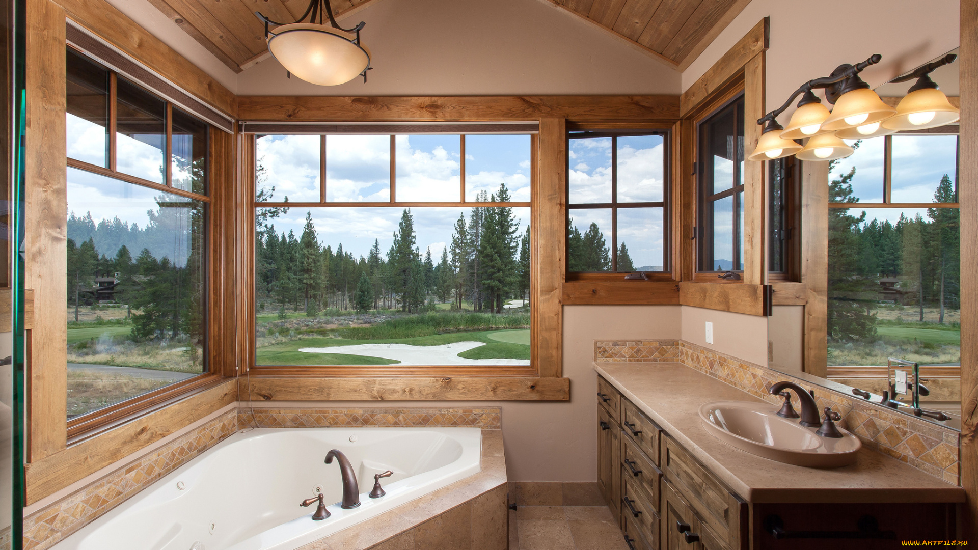 интерьер, ванная, и, туалетная, комнаты, окно, ванна