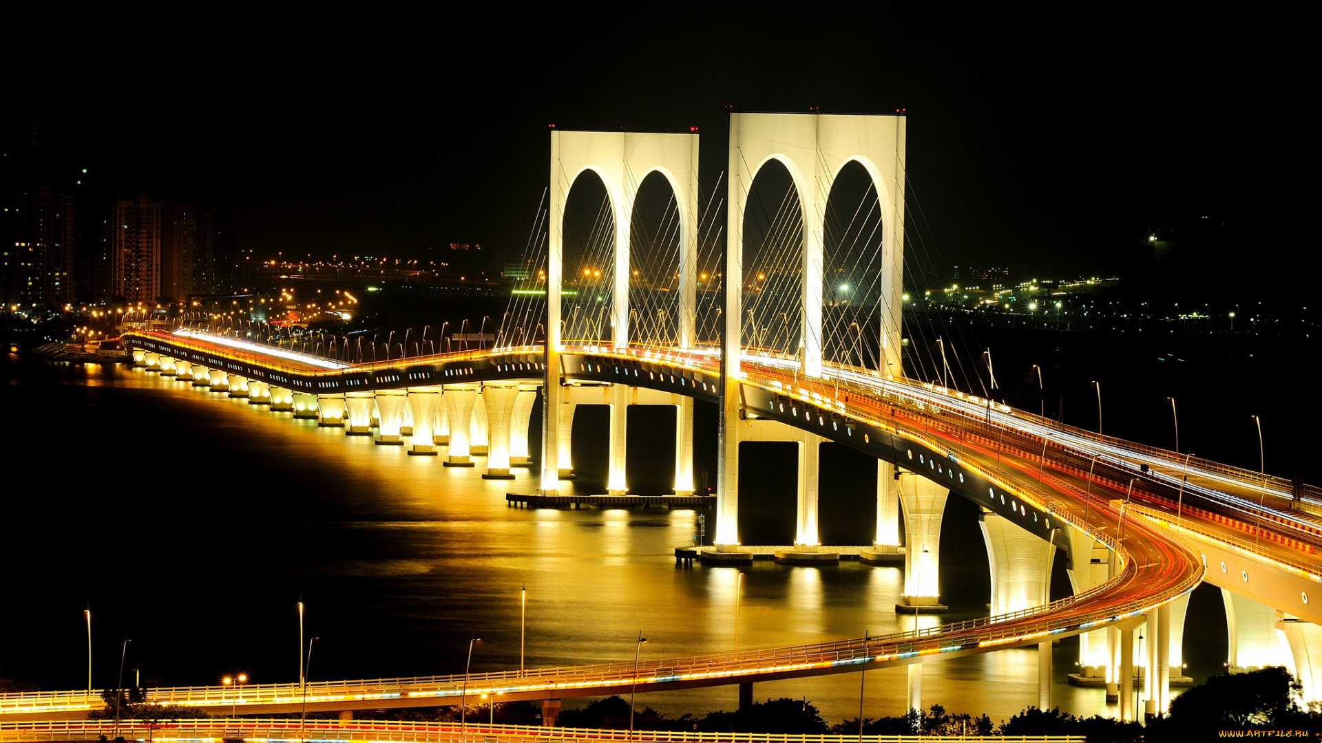 макао, , китай, города, -, мосты, ночь, мост, огни, город, река, дорога