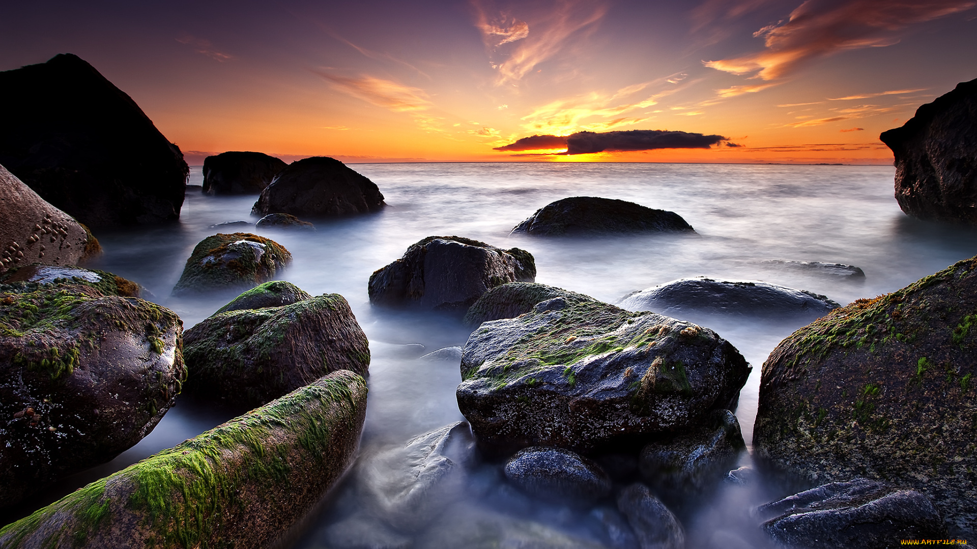 природа, побережье, море, камни, скалы, рассвет