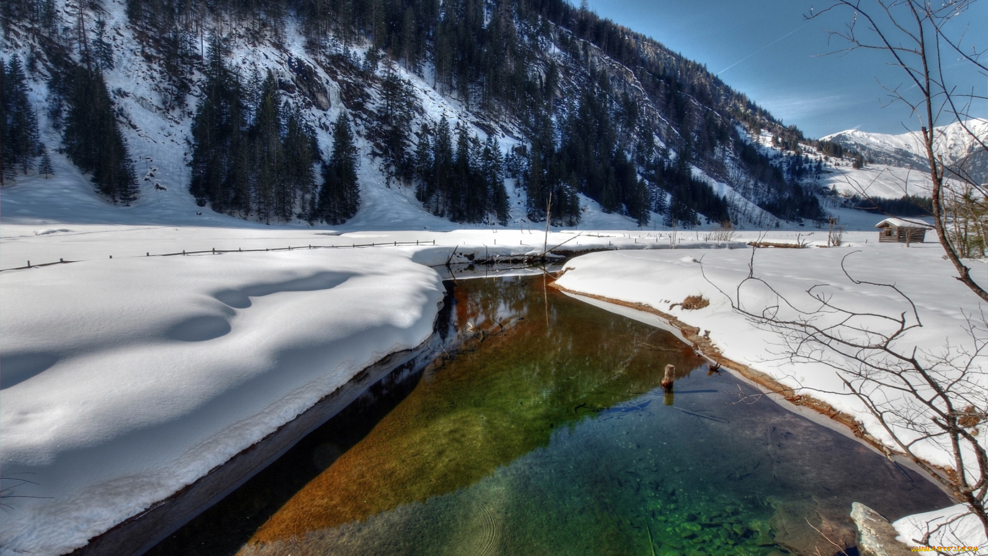 природа, реки, озера, деревья, ель, лес, сопки, холмы, дом, солнечно, зима, речка, река, снег