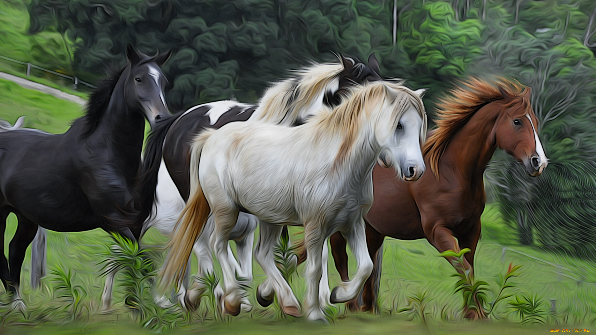 рисованные, животные, , лошади, бег, грива, лошади