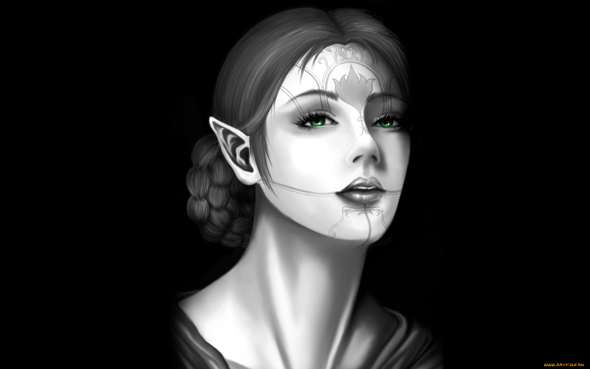 фэнтези, эльфы, эльфийка, коса, причёска, тату, лицо, чёрный, фон, зелёные, глаза, взгляд