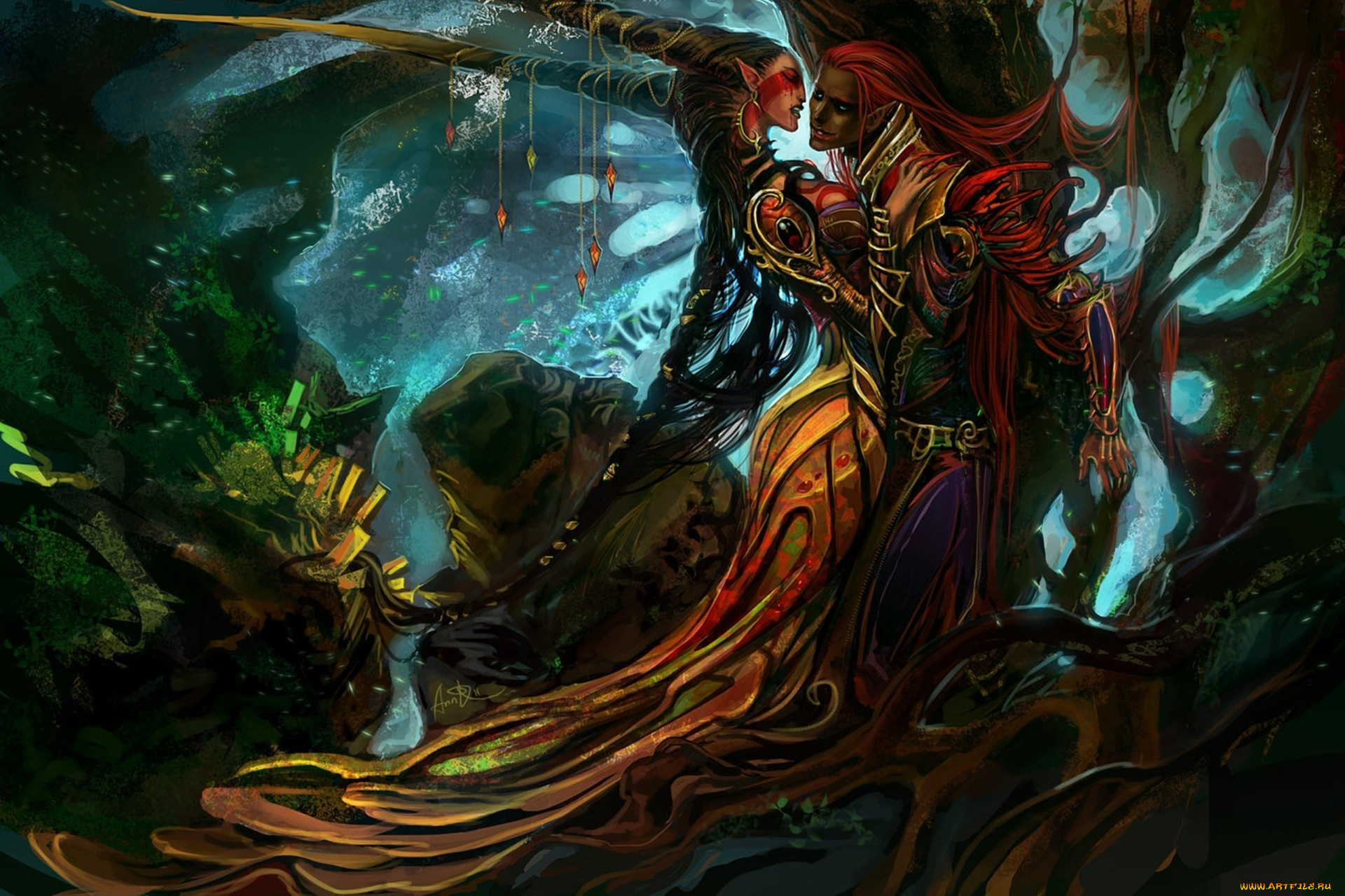 фэнтези, эльфы, девушка, парень, лес, корни, ветви