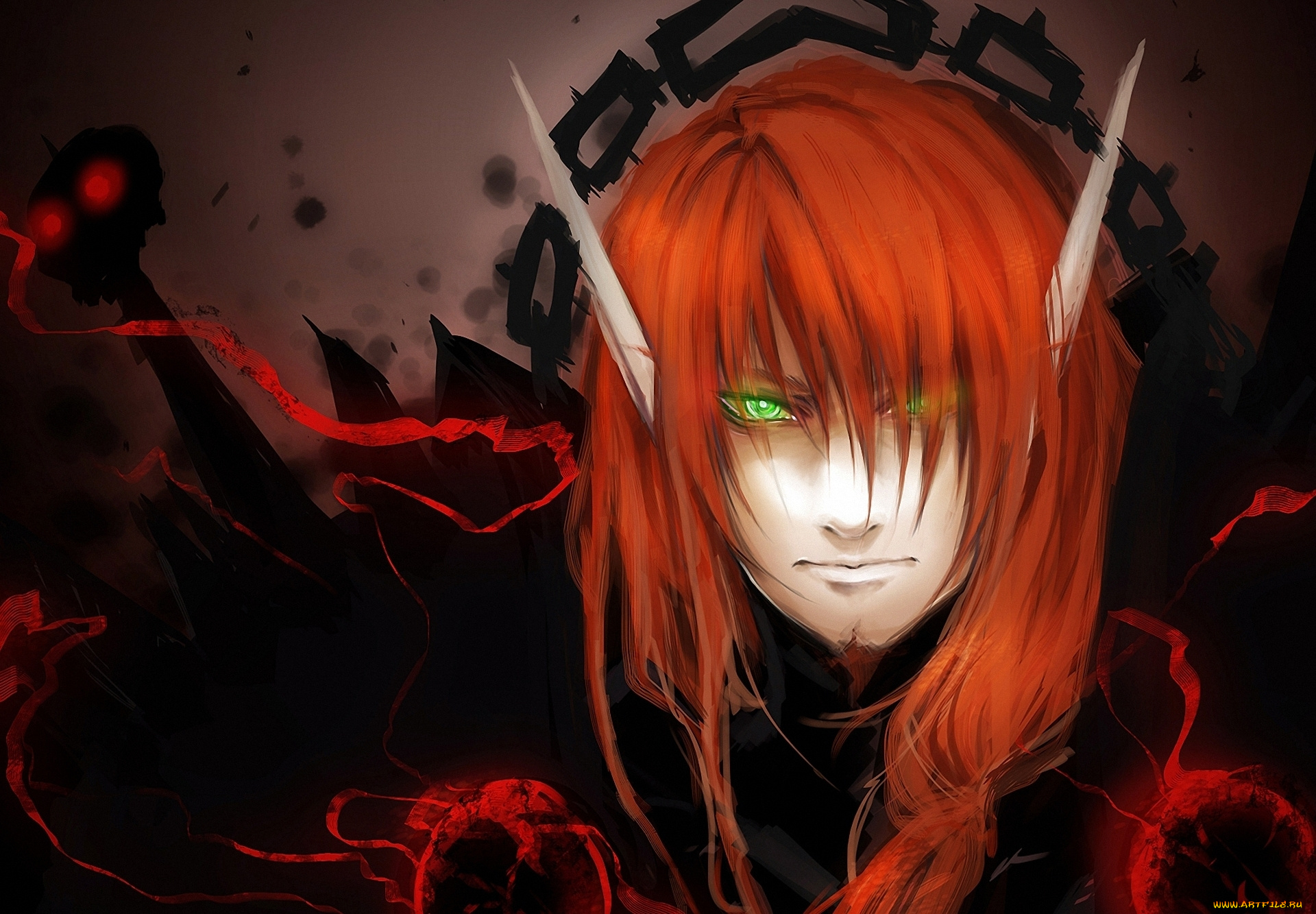 фэнтези, эльфы, эльф, парень, лицо, рыжие, волосы, цепь, всполохи, уши, зелёные, глаза, взгляд