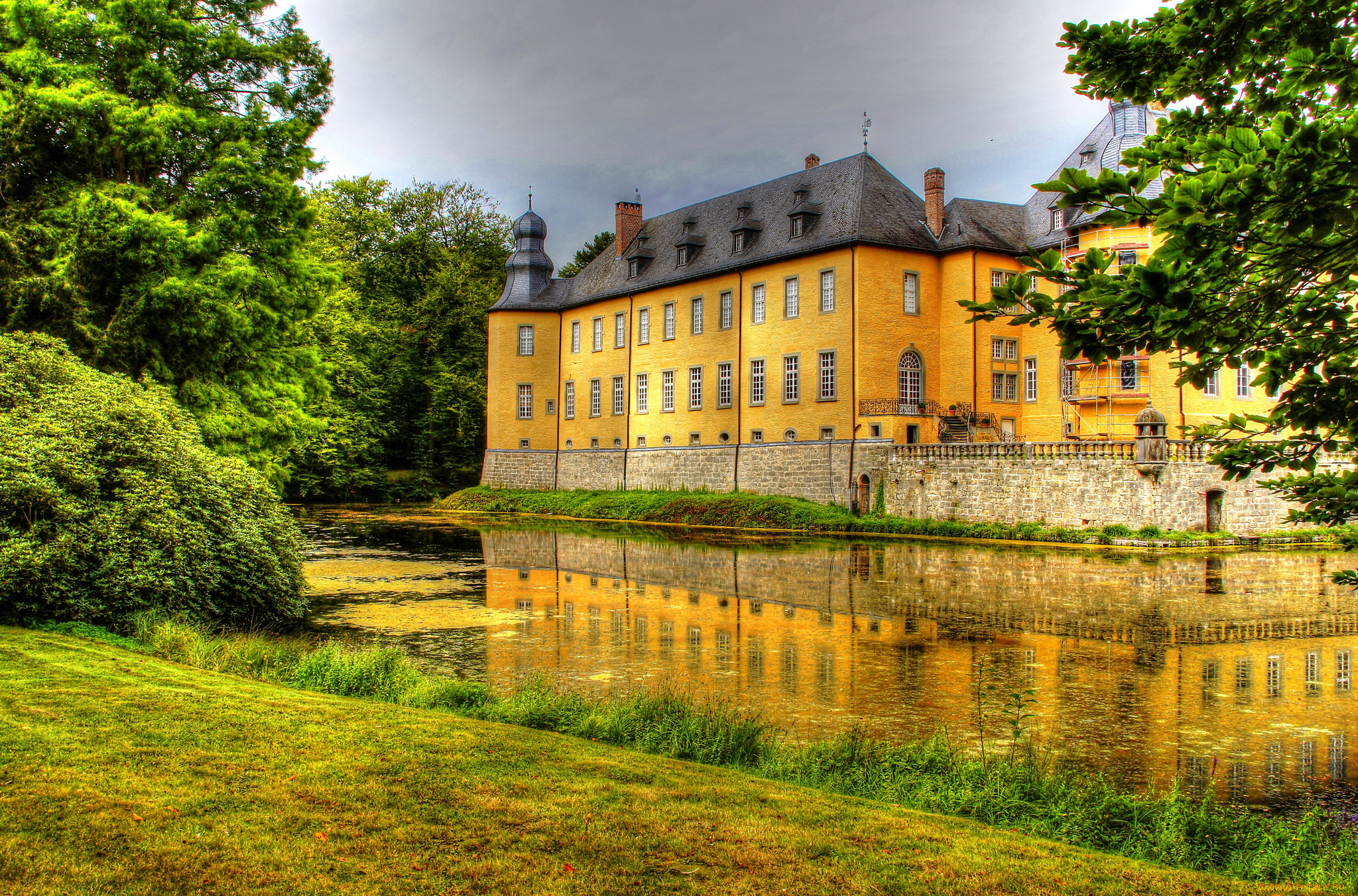 castle, , dyck, германия, города, -, дворцы, , замки, , крепости, трава, пруд, замок, германия, castle, dyck