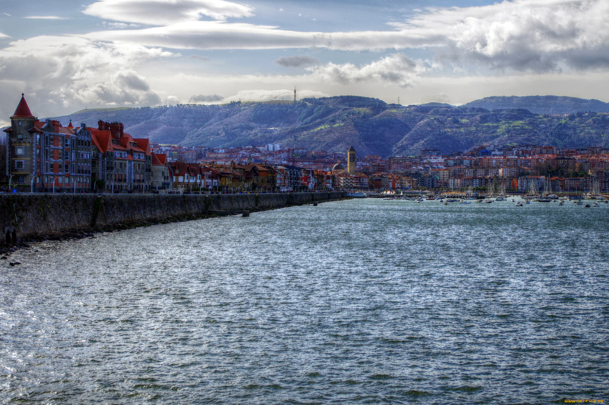 испания, , страна, басков, , getxo, города, -, улицы, , площади, , набережные, getxo, страна, басков, испания, сумерки, дома, река