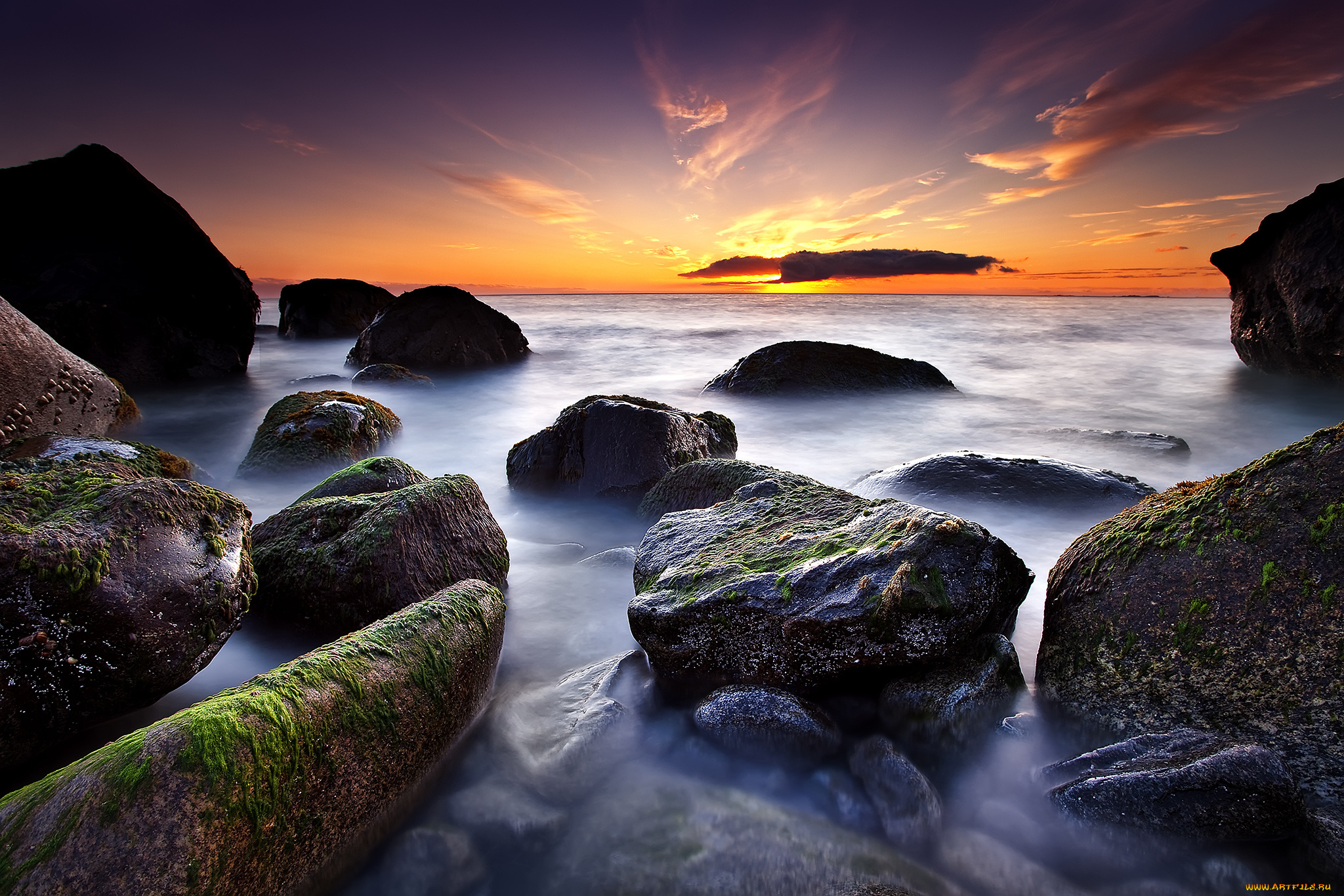 природа, побережье, море, камни, скалы, рассвет