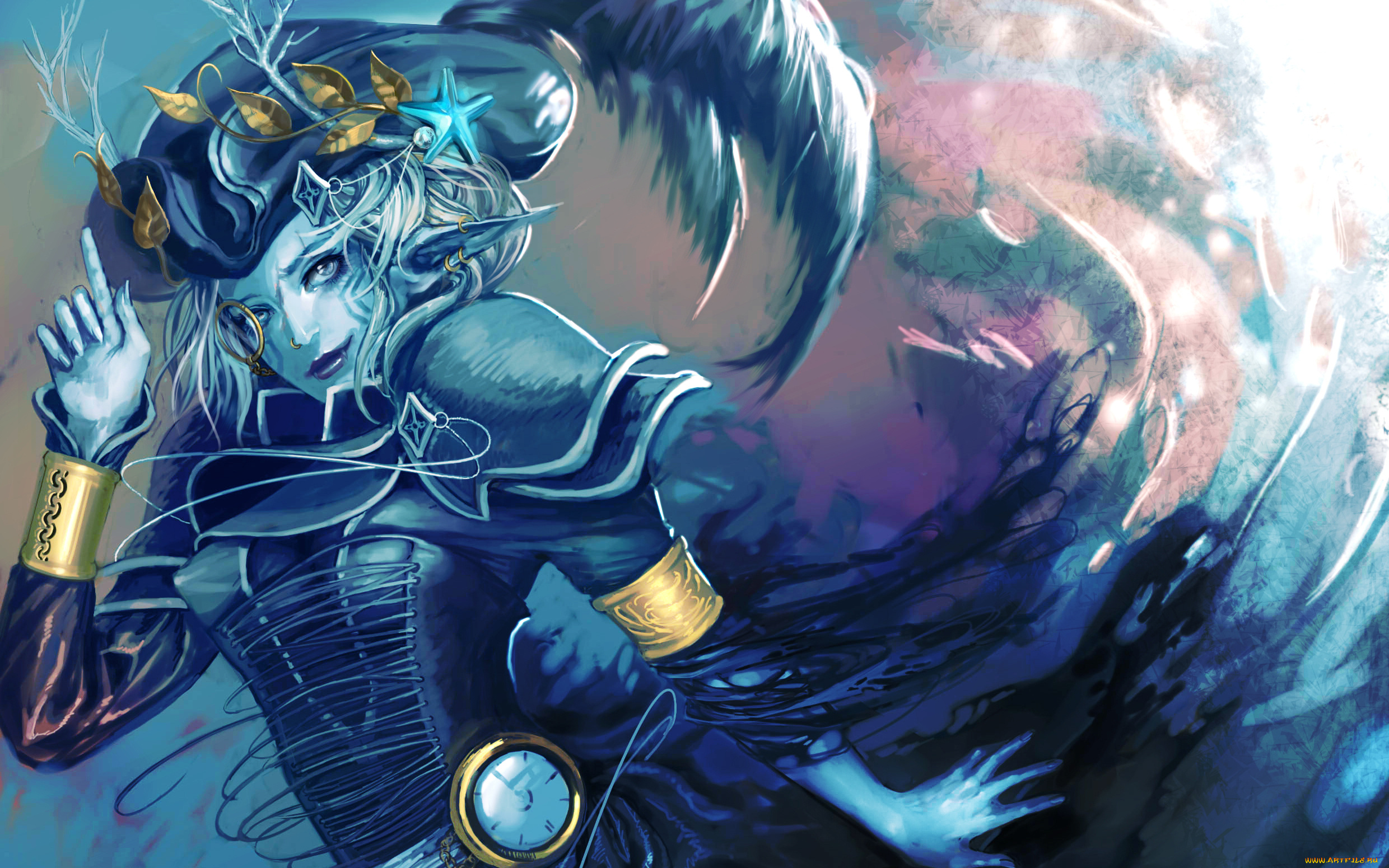 фэнтези, эльфы, эльфийка, синяя, шляпа, часы, перо, украшения