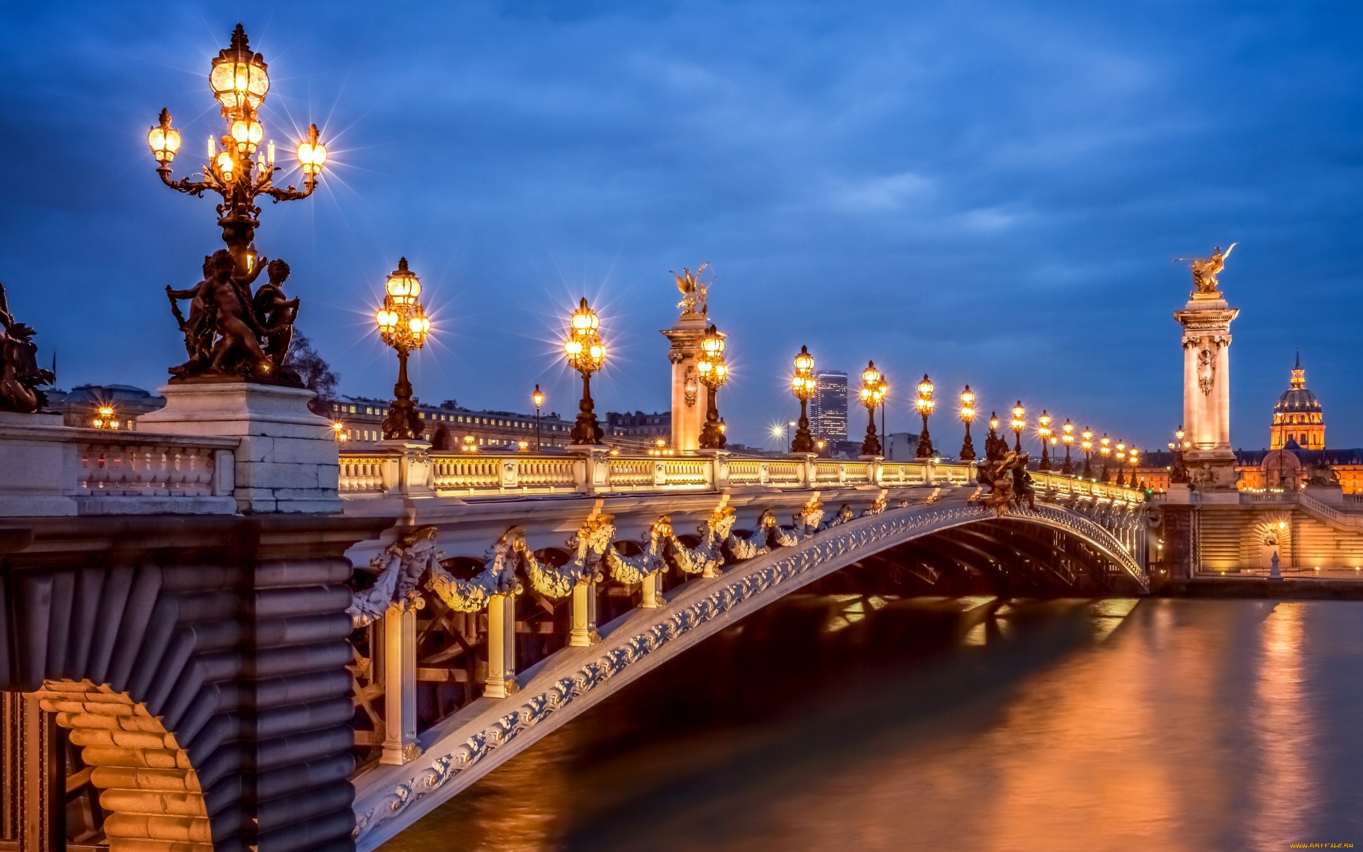 города, париж, , франция, paris, париж, france, город, вечер, pont, alexandre, iii, мост, александра, фонари, свет, освещение, река, сена
