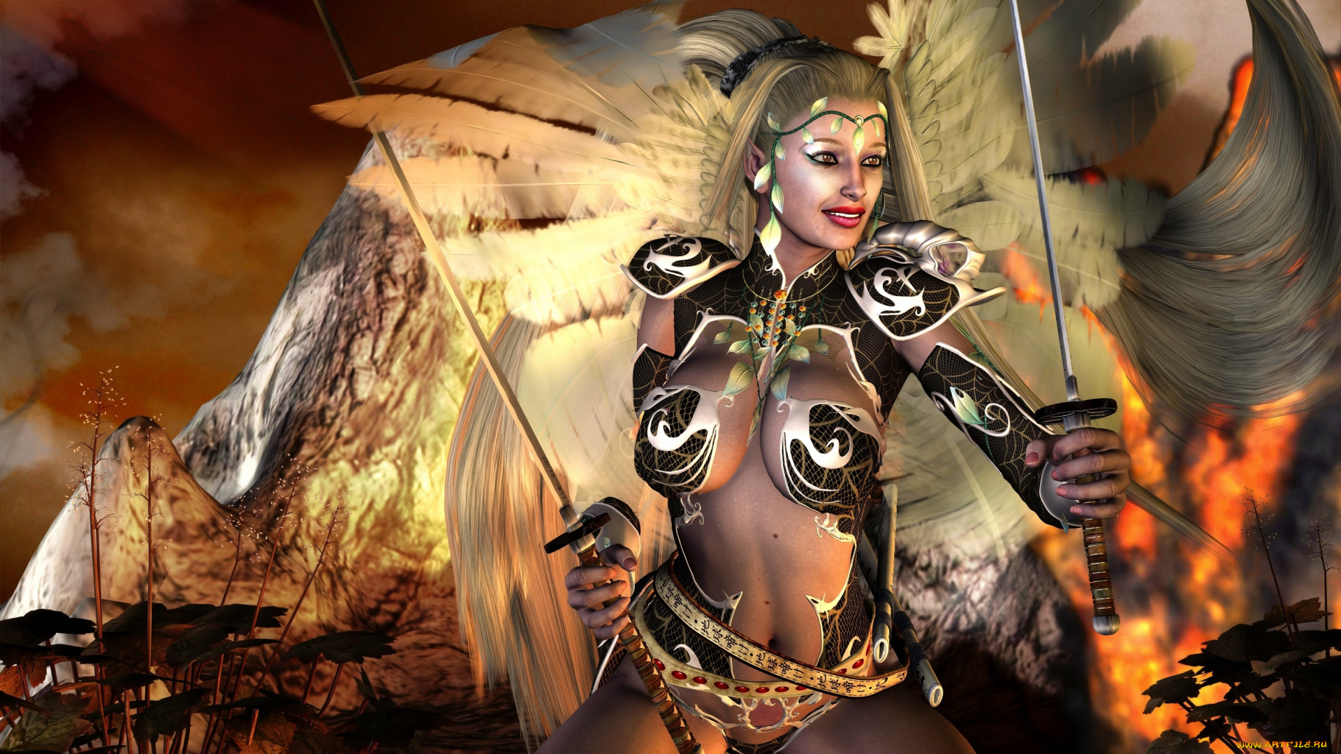 3д, графика, эльфы, , elves, ангел, перя, оружие, фон, взгляд, эльфийка