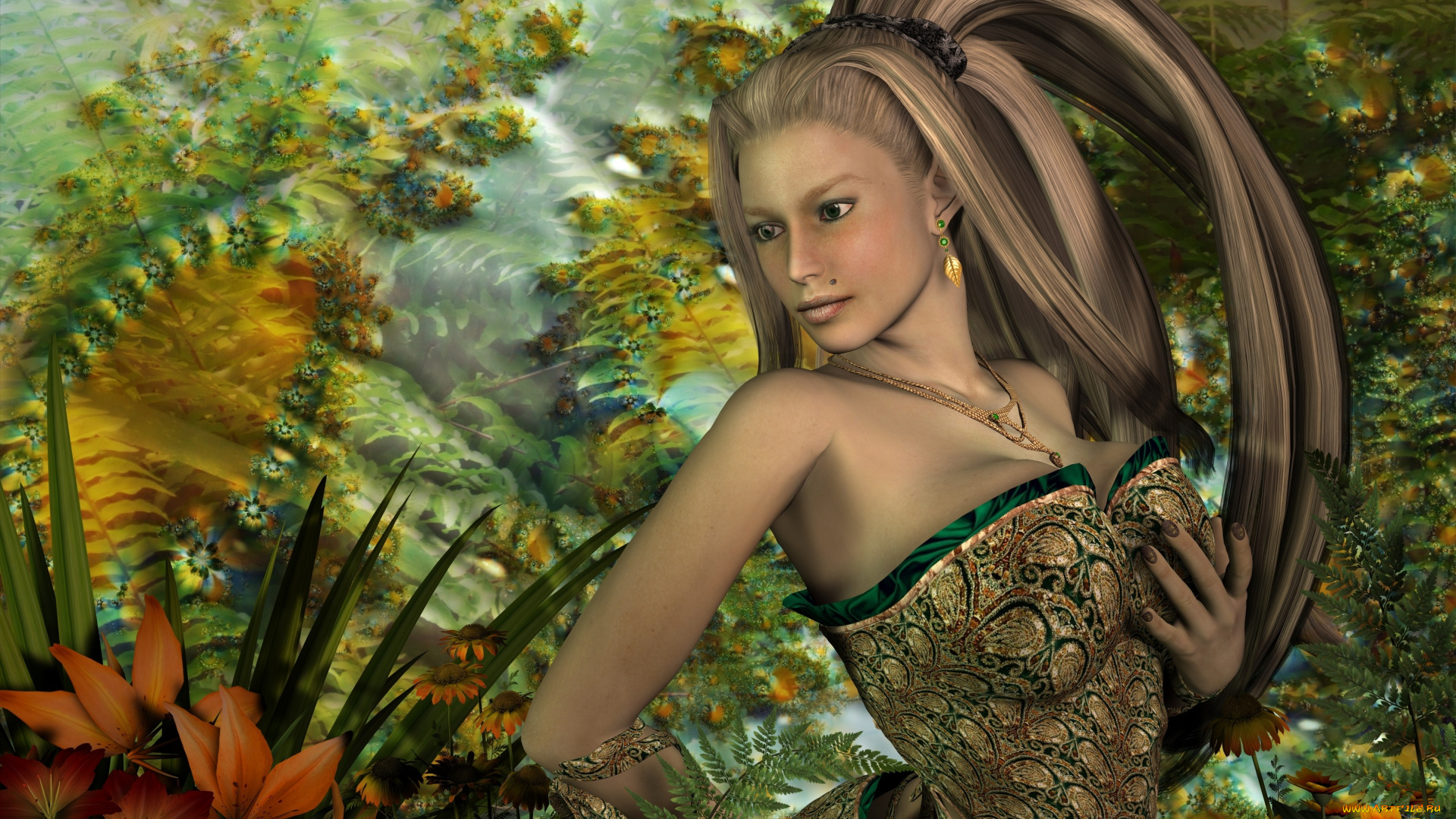 3д, графика, эльфы, , elves, цветы, волос, фон, взгляд, эльфийка
