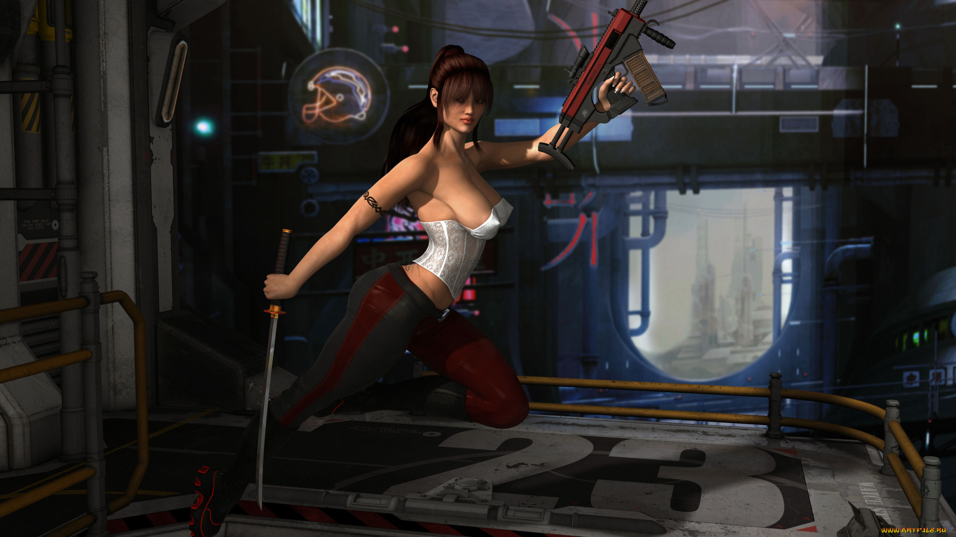 3д, графика, фантазия, , fantasy, девушка, взгляд, фон, оружие