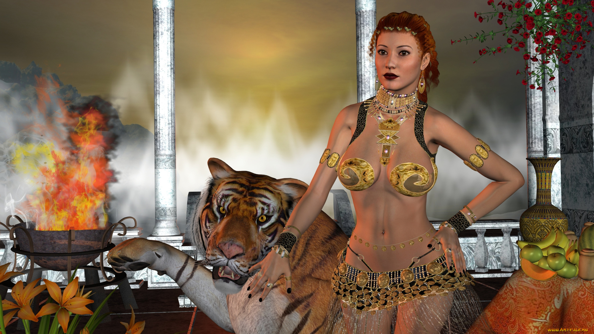 3д, графика, фантазия, , fantasy, фрукты, огонь, тигр, фон, взгляд, девушка