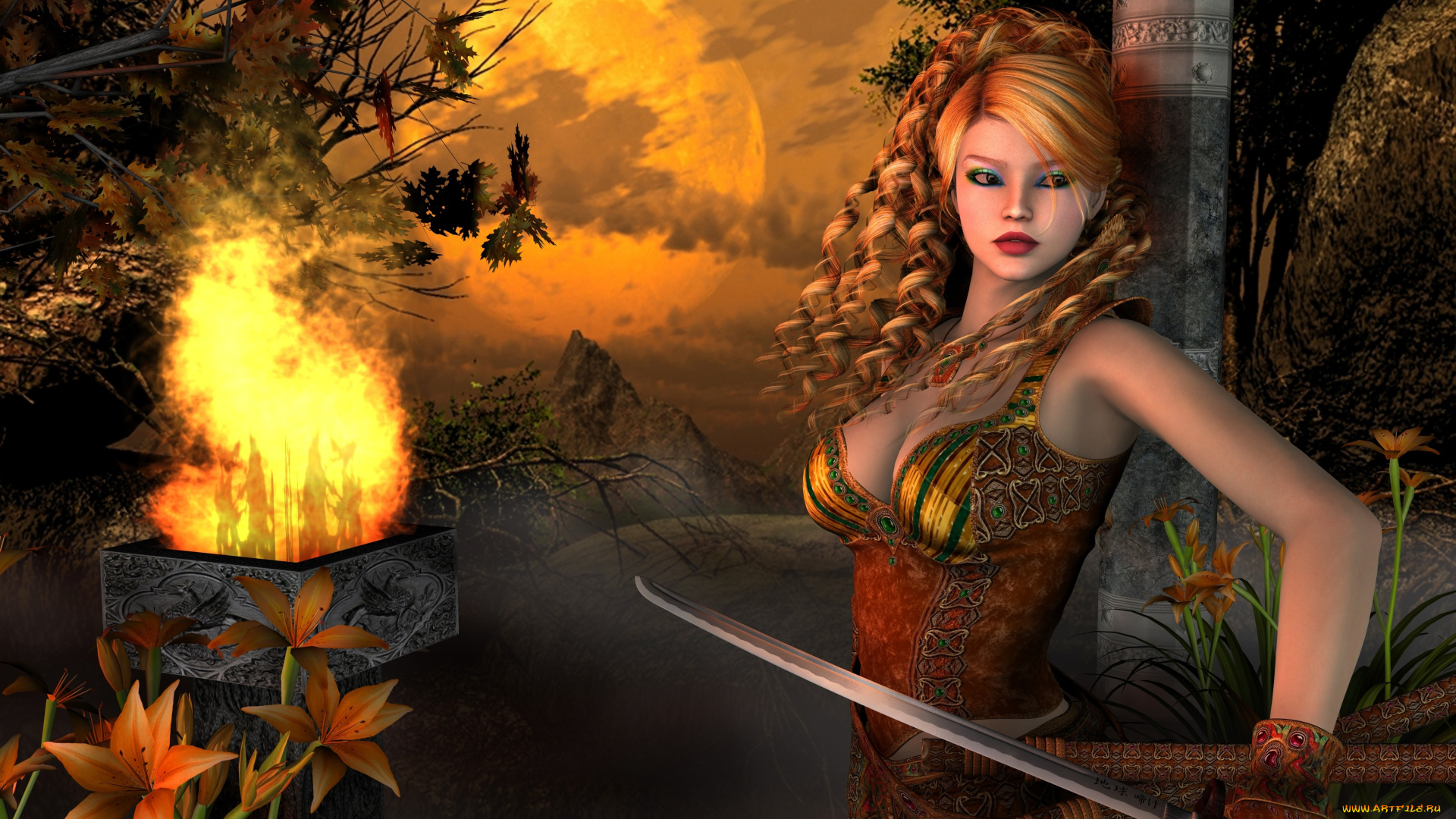 3д, графика, фантазия, , fantasy, взгляд, девушка, луна, цветы, оружие, фон