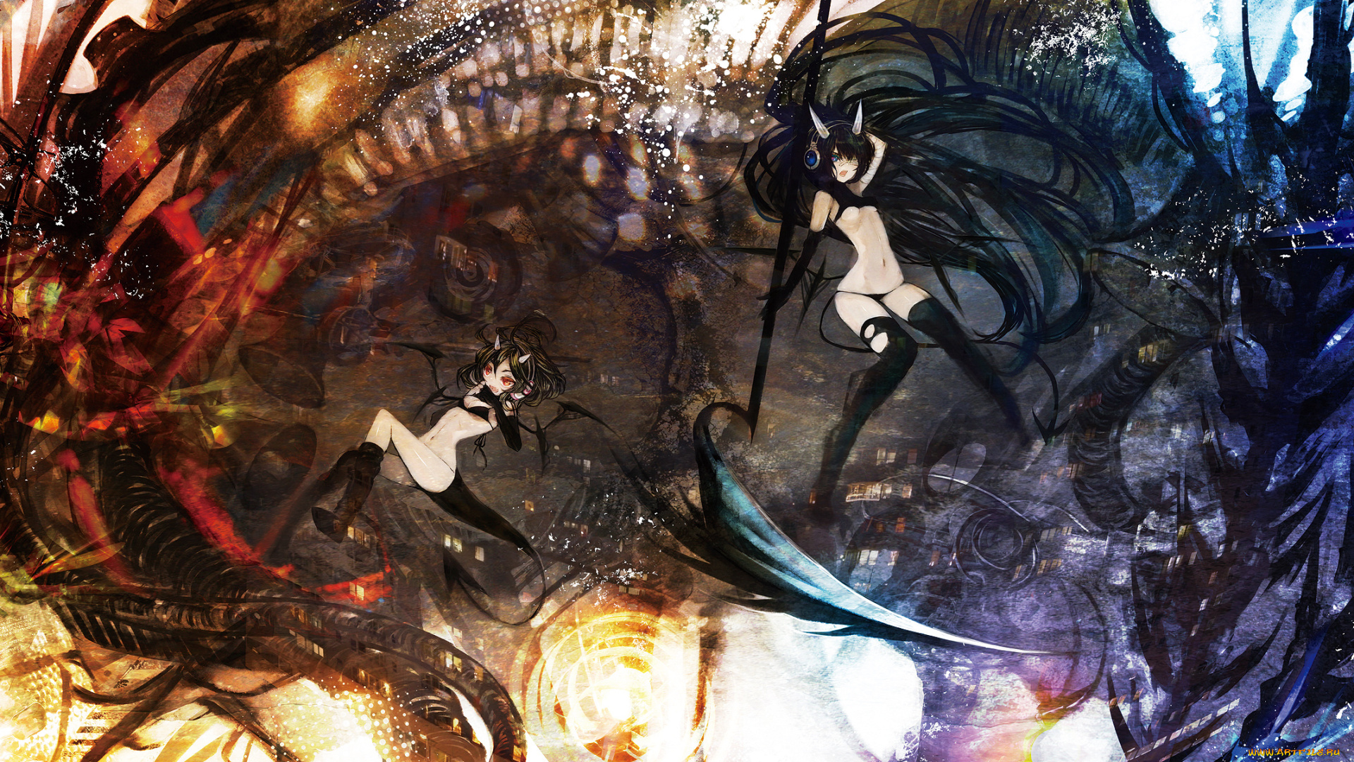 аниме, ангелы, , демоны, наушники, хвост, рога, демон, duca, девушки, абстракция, оружие, коса