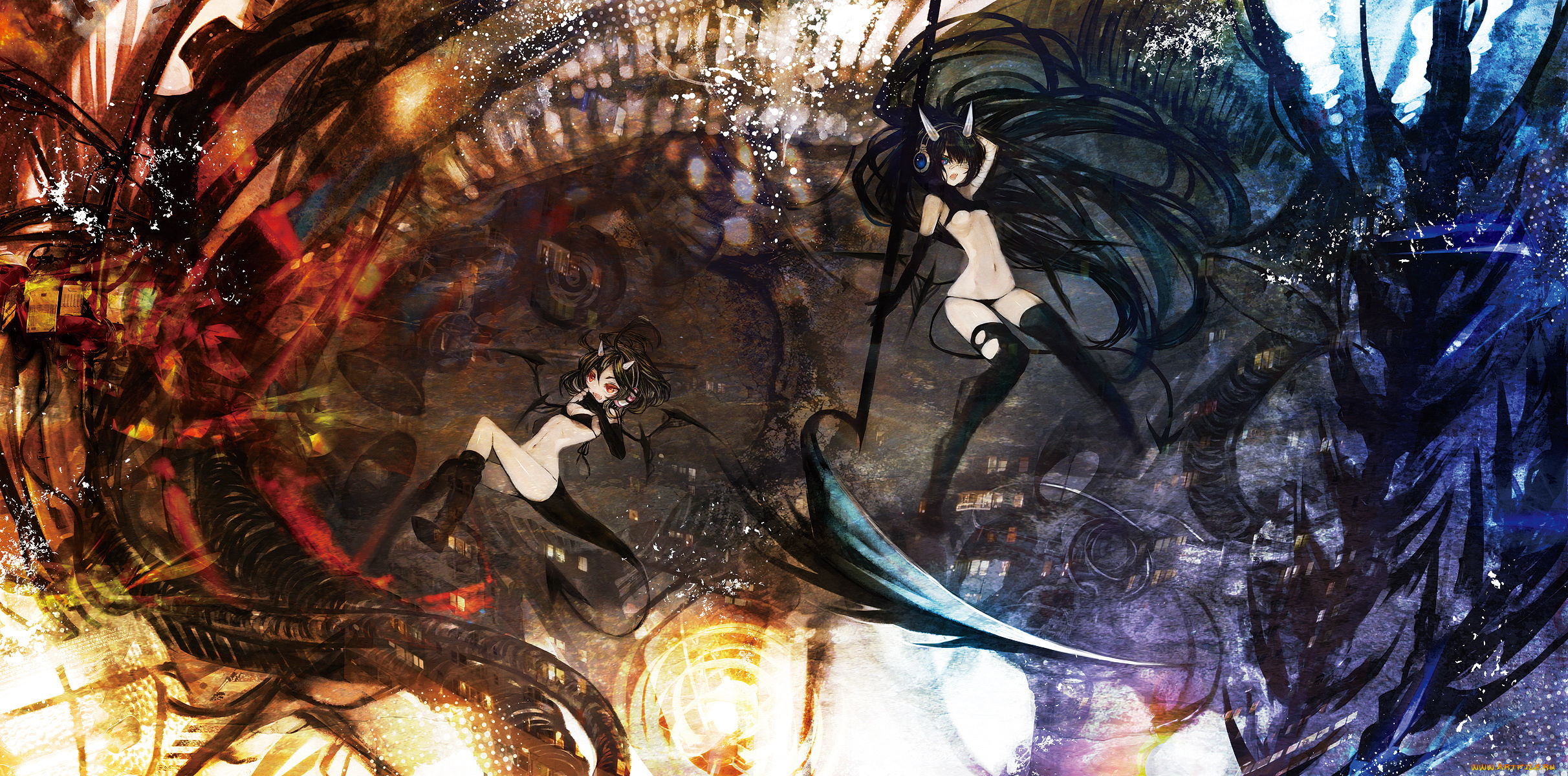 аниме, ангелы, , демоны, наушники, хвост, рога, демон, duca, девушки, абстракция, оружие, коса