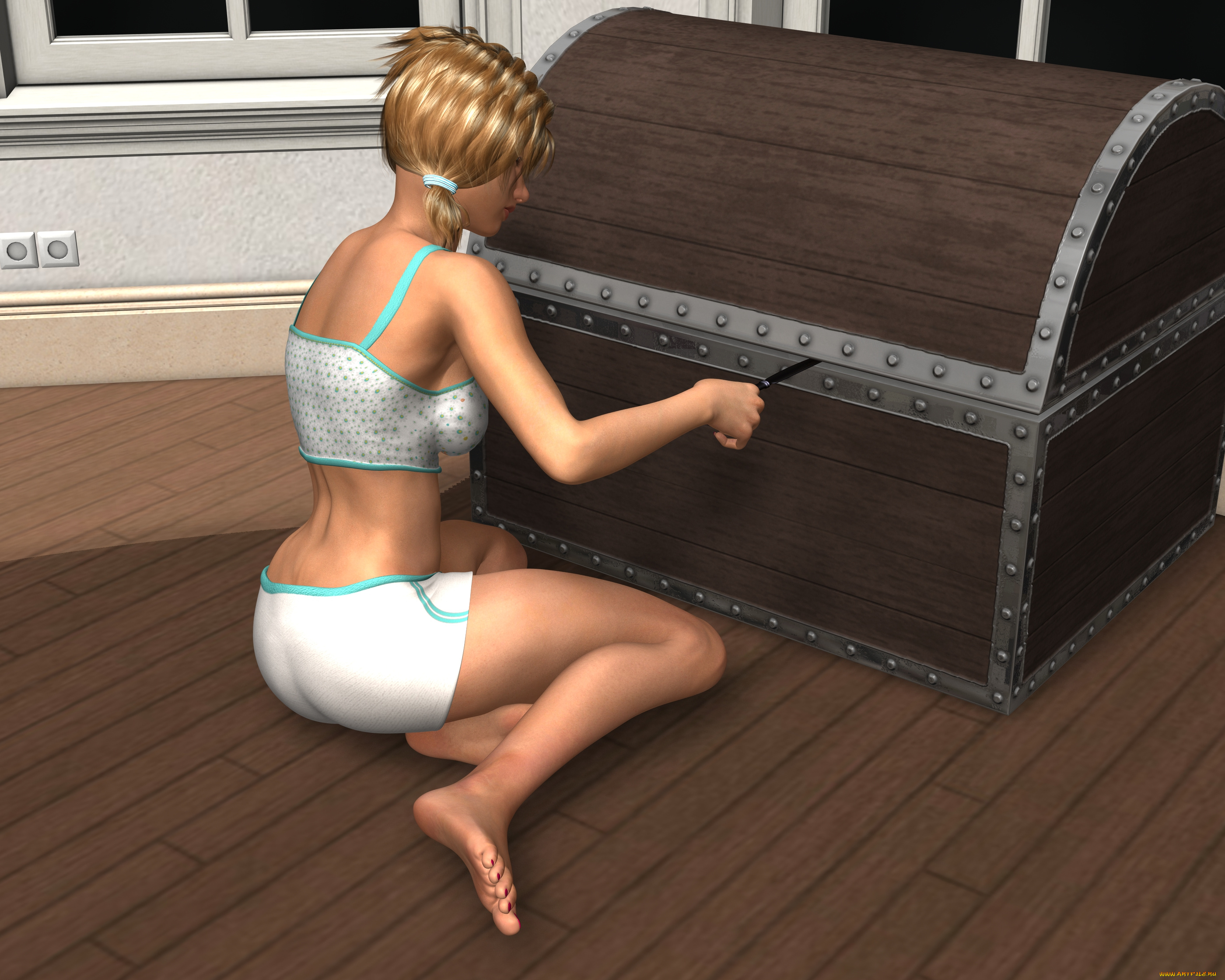 3д, графика, фантазия, , fantasy, девушка, взгляд, фон, сундук