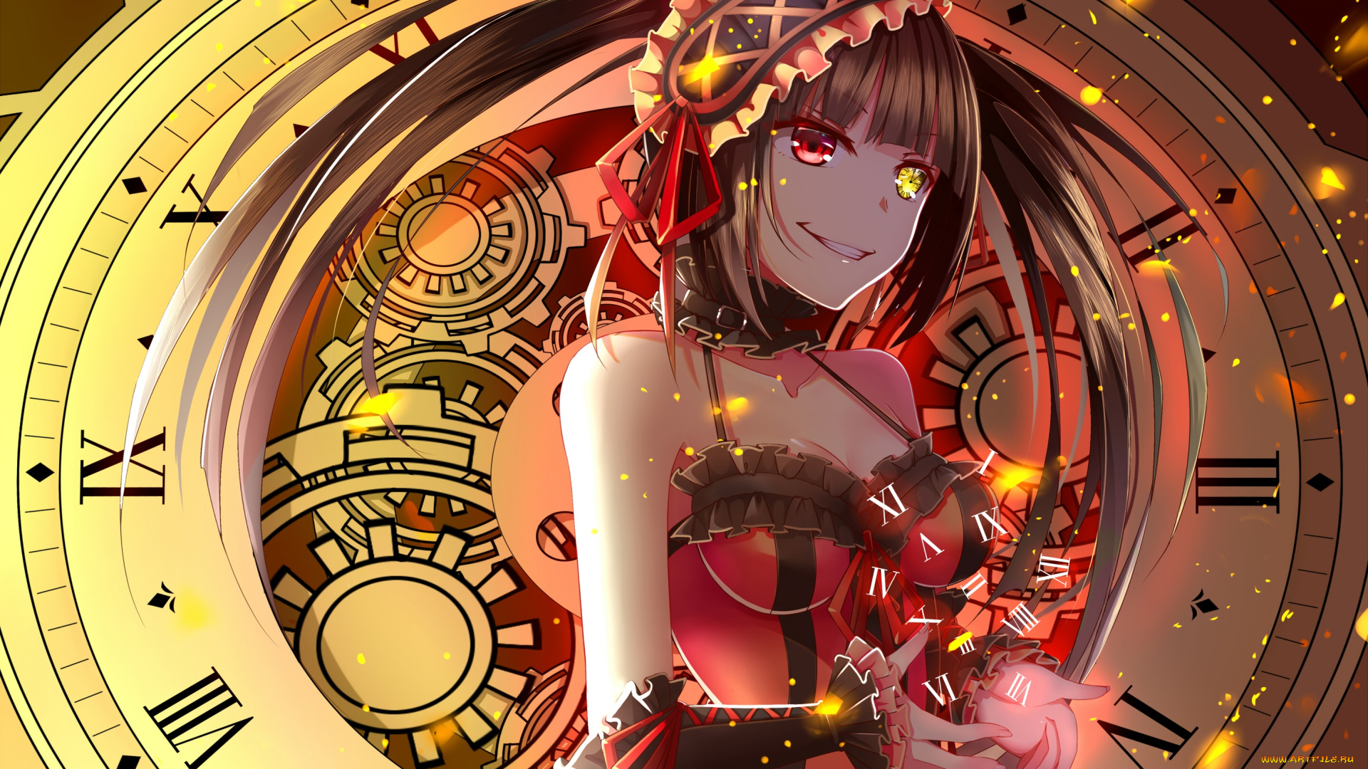 аниме, date, a, live, девушка, часы, фон, взгляд
