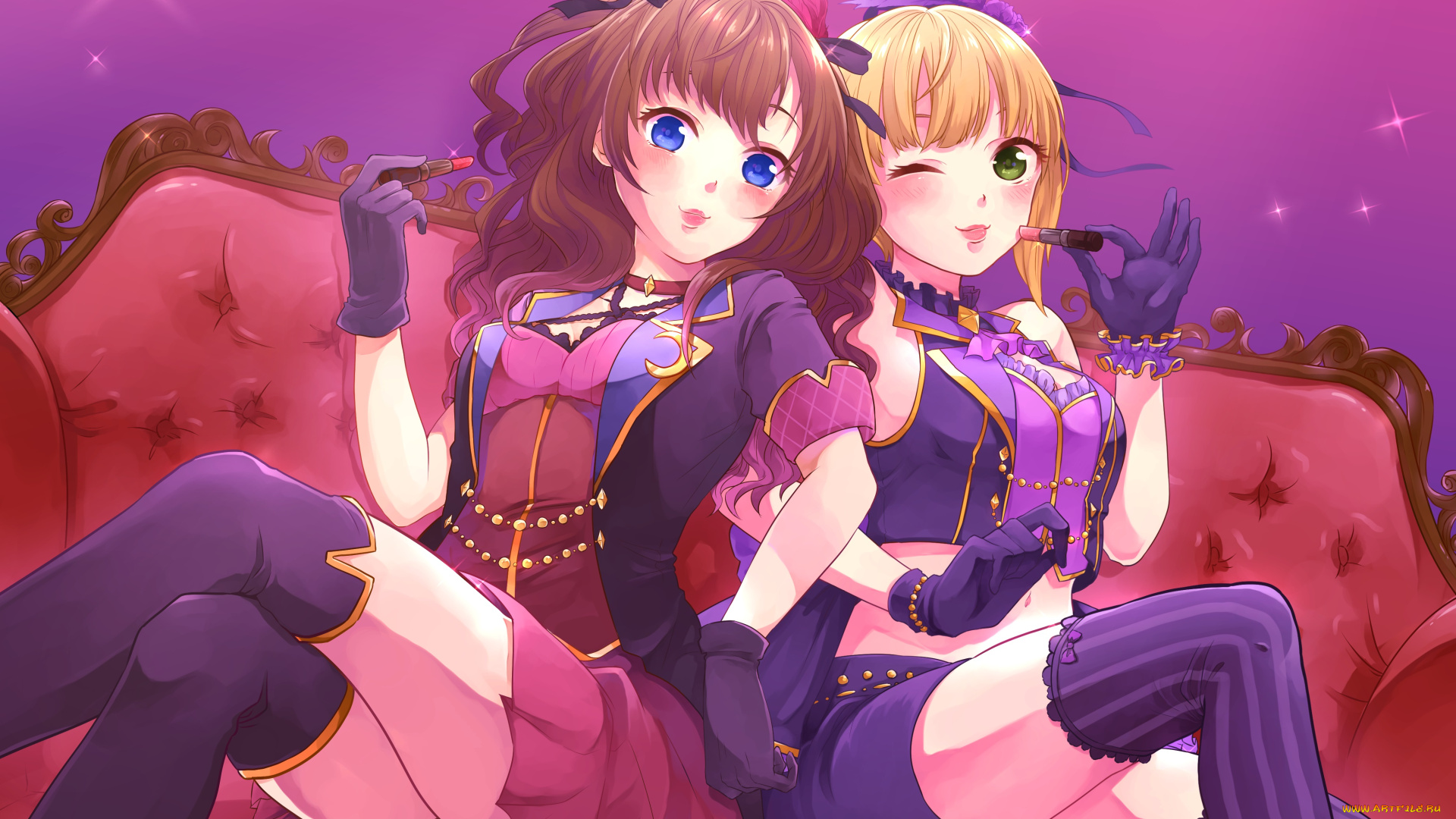 аниме, idolm@ster, диван, девушки, фон, взгляд, помада