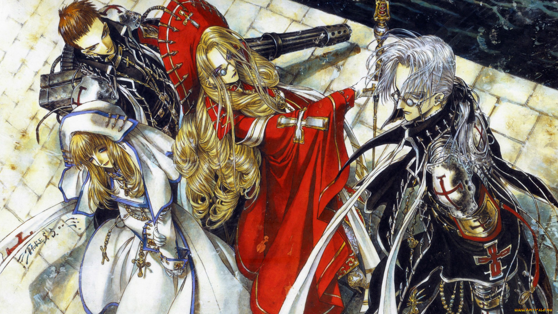 аниме, trinity, blood, доспехи, кровь, триединства, trinity, blood, fabrica, theologiae, tres, iqus, abel, nightroad, вампиры, esther, blanchett, art, shibamoto, theres, оружие