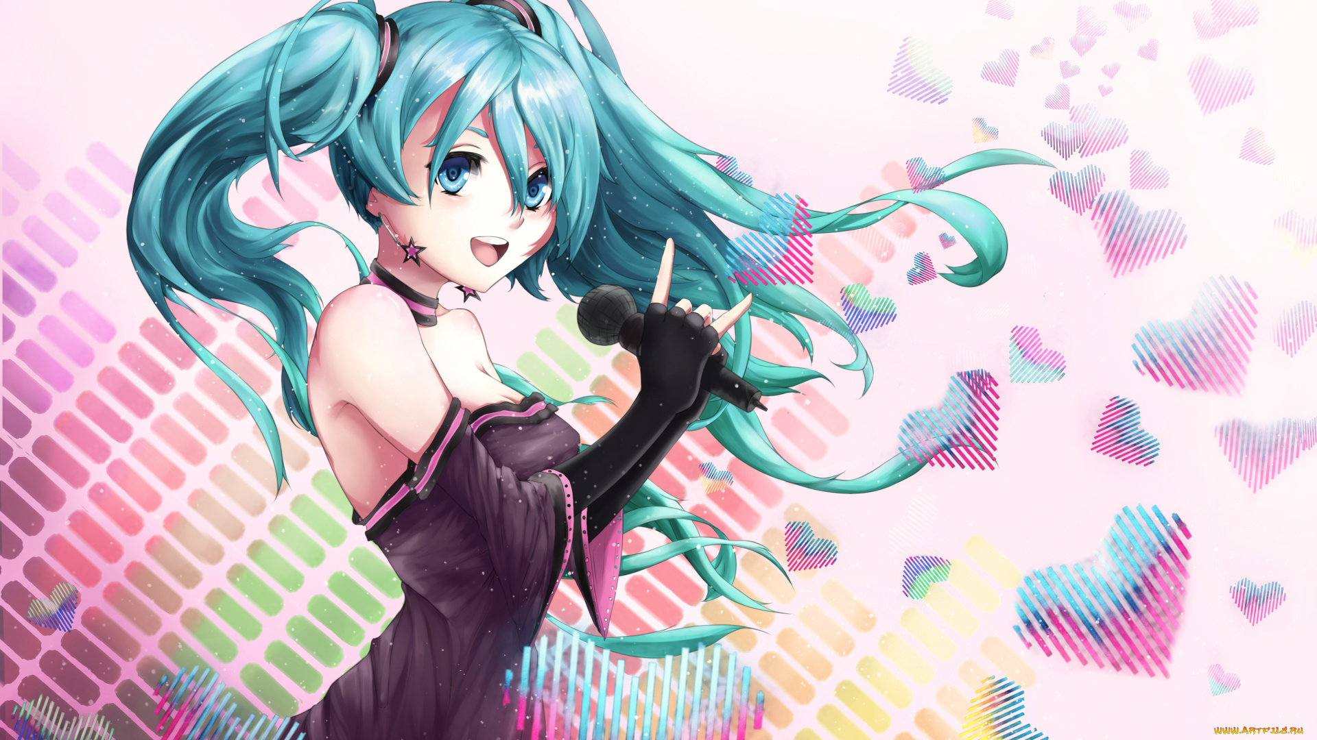 аниме, vocaloid, микрофон, фон, девушка, взгляд