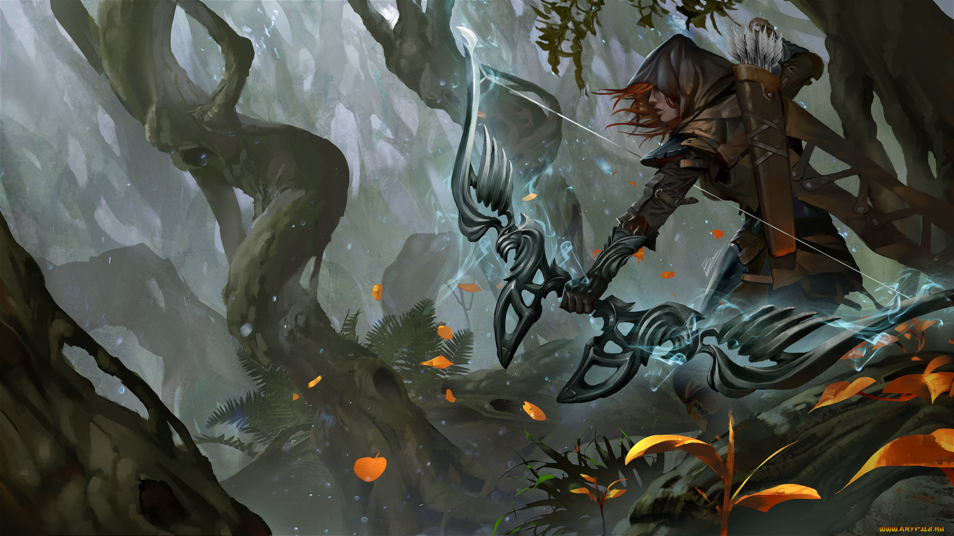 фэнтези, девушки, лучник, лук, стрелы, лес, девушка, лучница, капюшон, рыжая